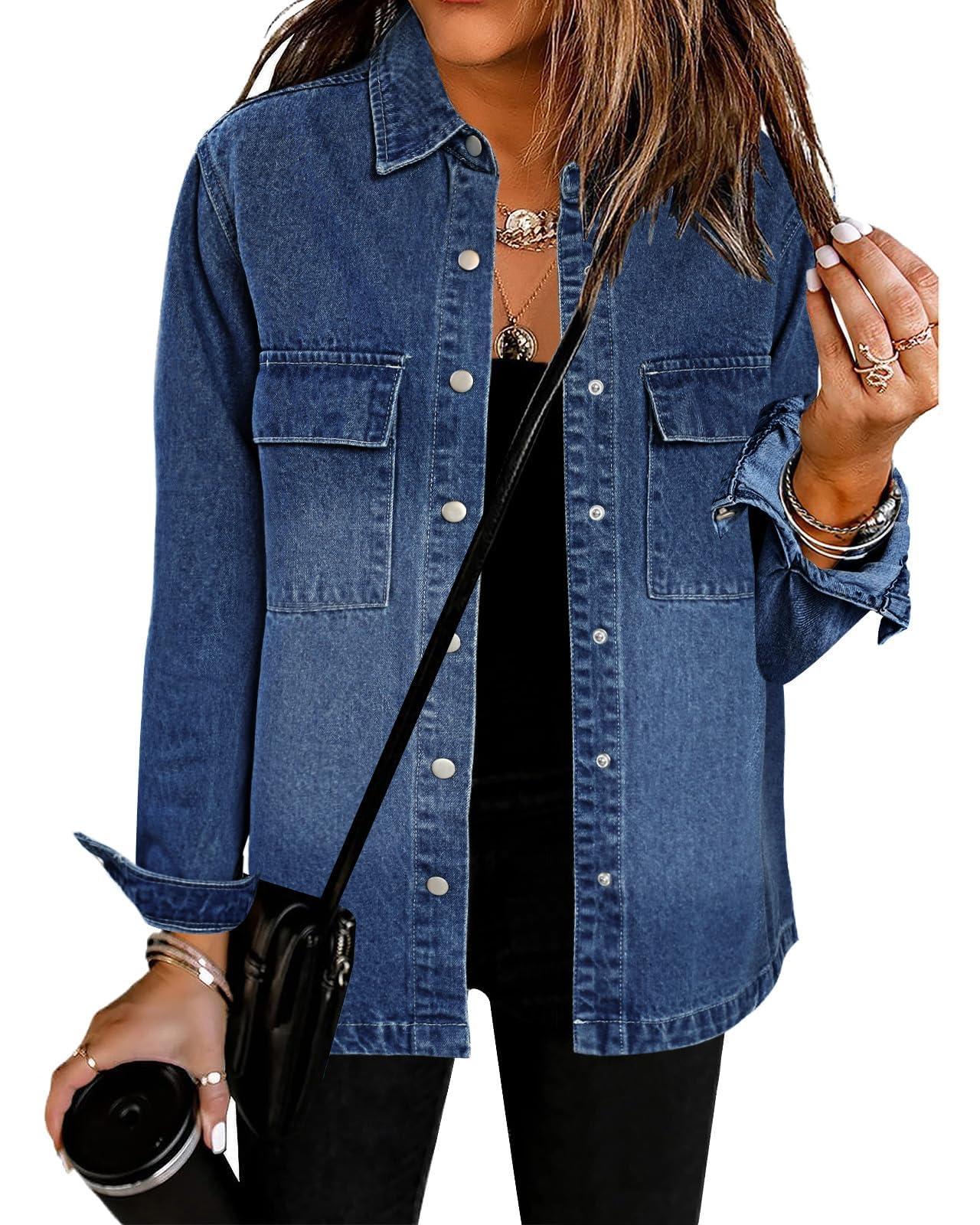 luvamia 2024 Jean Jackets for Women Fashion Oversized Button Down Denim Jacket Western Fall Shacket Jacket with Pockets