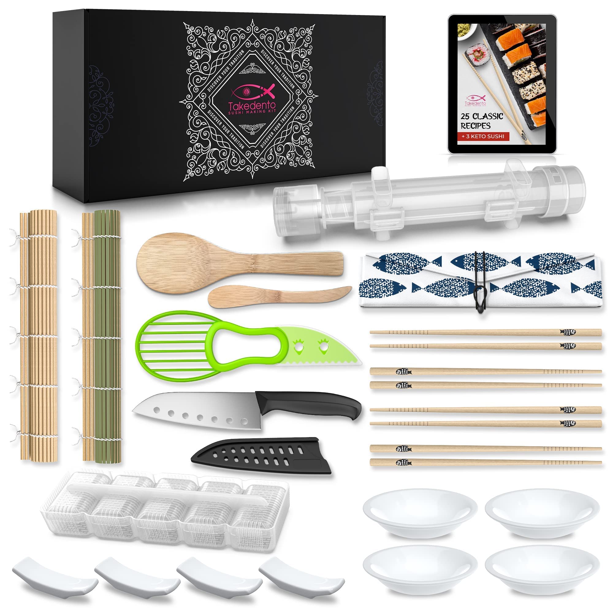 23 Piece PREMIUM Sushi Making Kit – Easy DIY Sushi Making Kit for Beginners – Transparent Sushi Bazooka – Food Grade Safe Sushi Set – Bamboo Sushi Rolling Mats - All You Need Sushi Kit