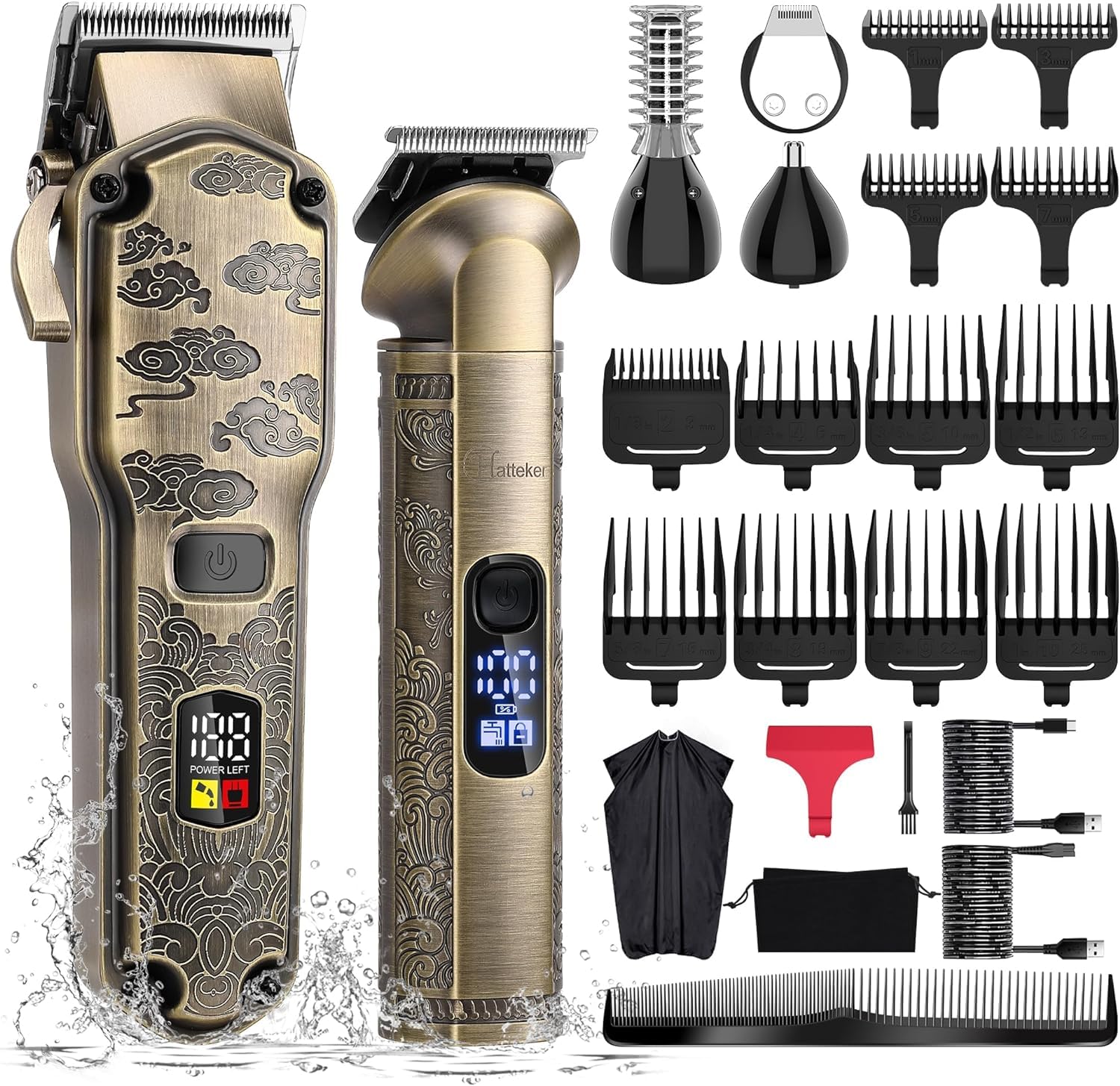 HattekerProfessional Hair Clippers for Men Beard Trimmer Clippers and Trimmer Set Waterproof T-Blade Trimmer Cordless Grooming Kit Nose Body Hair Trimmer Barber Clippers Hair Cutting Kit