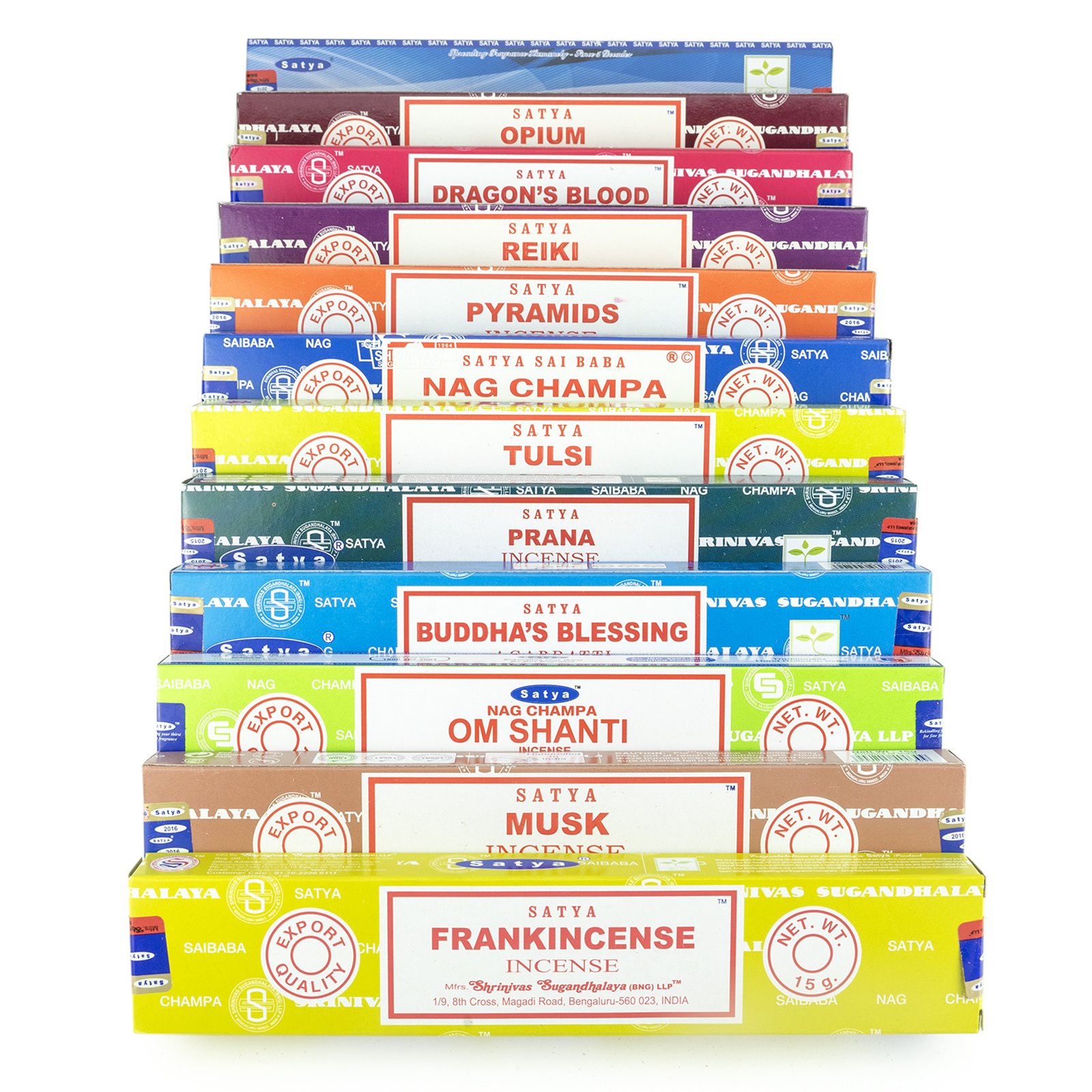 Satya Nag Champa Om Shanti incense set G 12x15gram includes: Nag Champa, Om Shanti, Samyak, Reiki, Frankincense, Dragons Blood, Buddhas Blessing, Opium, Tulsi, Musk, Pyramids, Prana