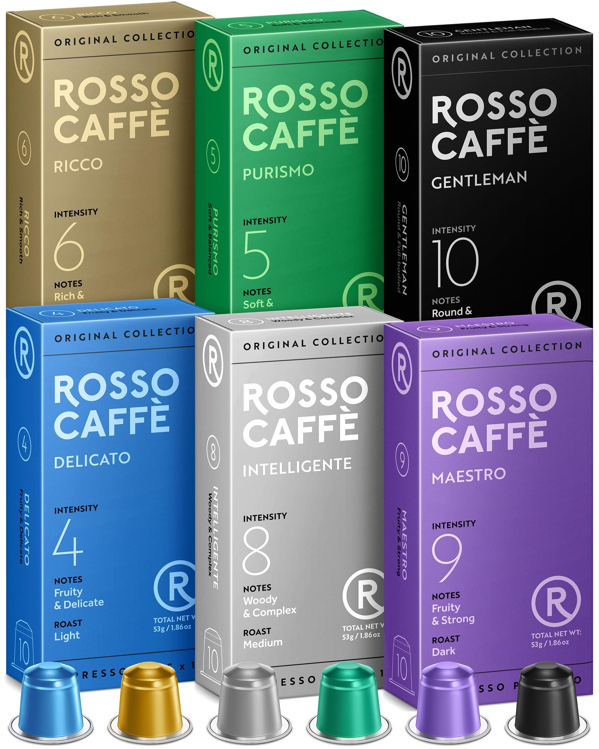 Rosso Coffee Capsules for Nespresso Original Machine - 60 Gourmet Espresso Pods Variety Pack - Compatible with Nespresso Original Line Machines (Variety 60)