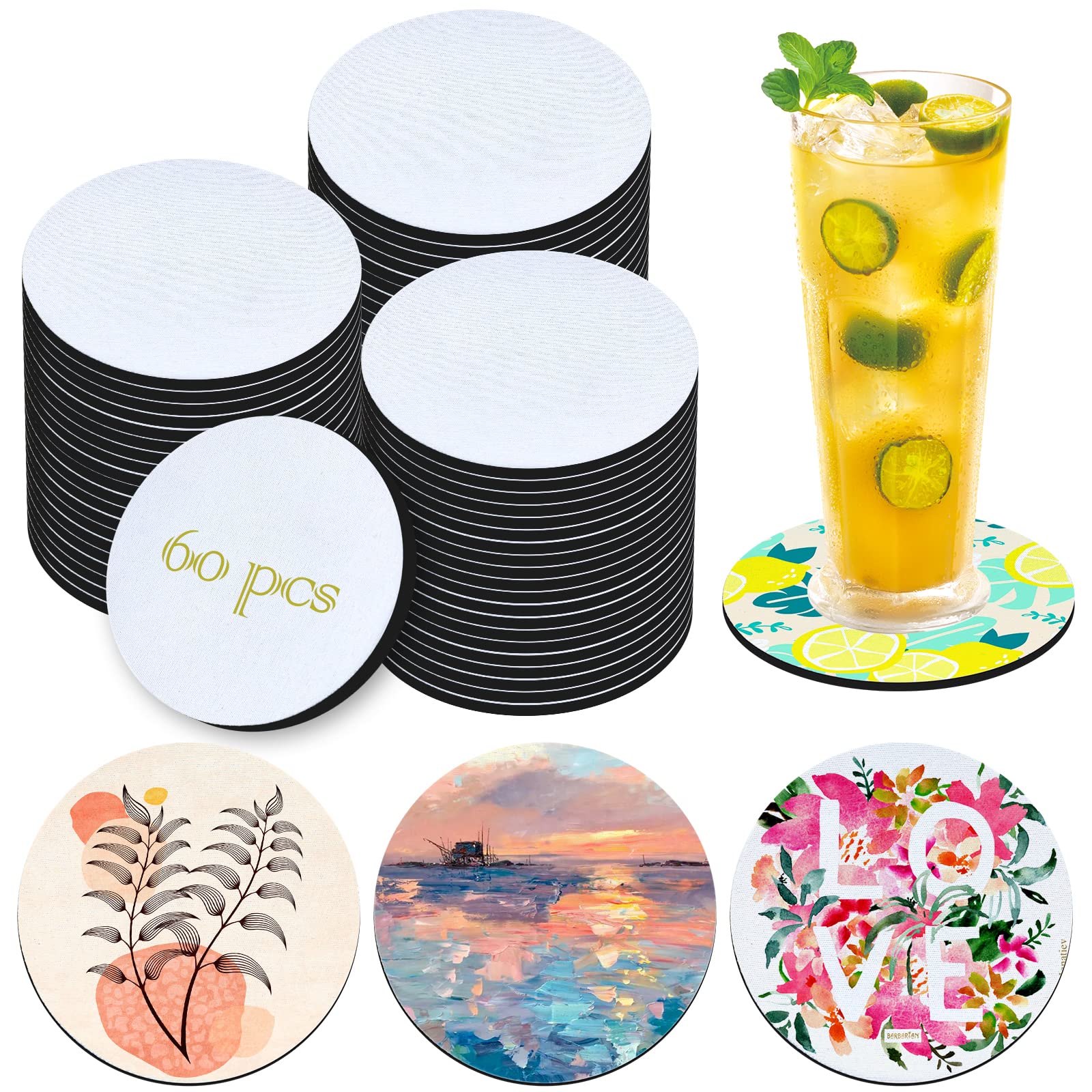 ZOCONE 60 Pcs Sublimation Coasters Blanks, 3.9inch Round Sublimation Coasters Bulk, Sublimation Car Coasters Blanks DIY Crafts Heat Transfer Rubber Cup Mat Heat Press Cup Coaster Blank