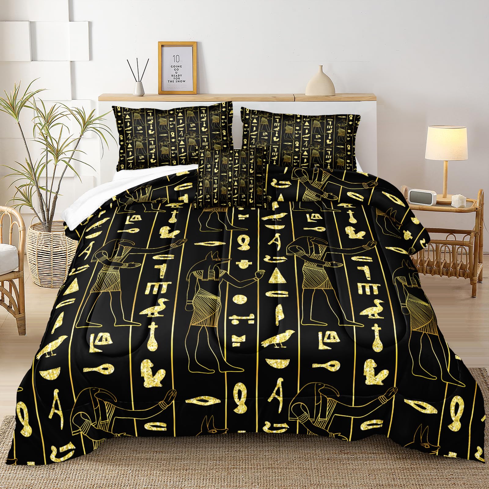 Black Gold King Comforter Set Ancient Egyptian Bedding Comforter Set Vintage Pharaoh Pyramid Pattern Bedding Boho Tribal Comforter Set 4 Pieces Include 1 Cushion Cover (King, Black)