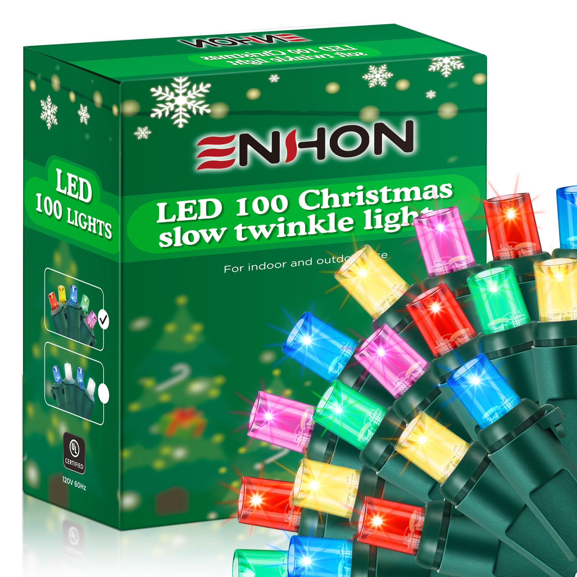 Enhon Slow Twinkling Christmas Lights, 100 Lights 35 Ft Twinkle Lights Pulsing Christmas Lights, 5mm LED Wide Angle Soft Random Shimmering Light Set with Green Wire(Multicolor)