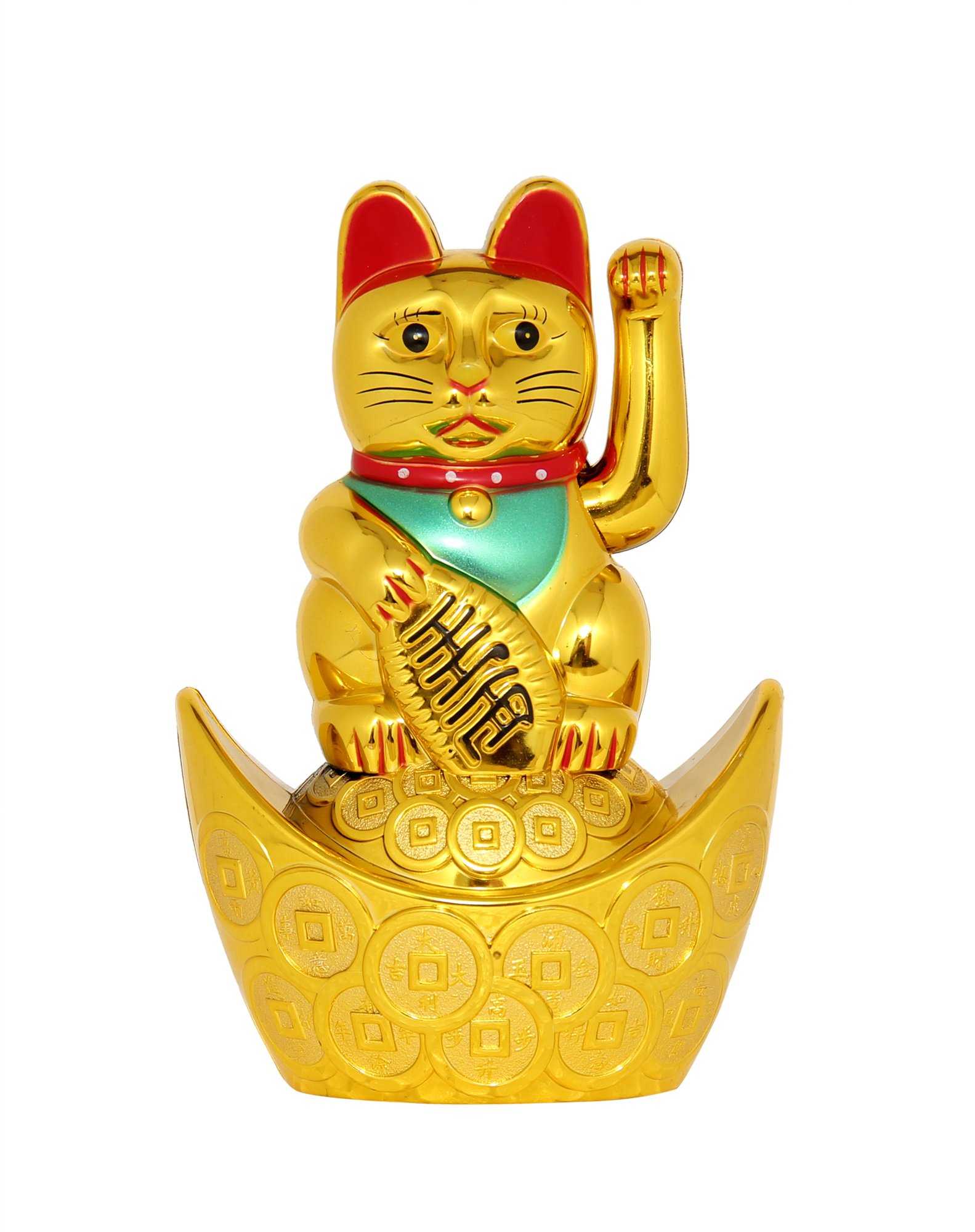 VASTU ART - Vastu Feng Shui Welcome Cat Sitting On Money Ingot (Boat) Golden Hand Waving Cat Maneki Neko Cat for Good Luck Health Wealth Prosperity and Happiness Decoration Showpiece