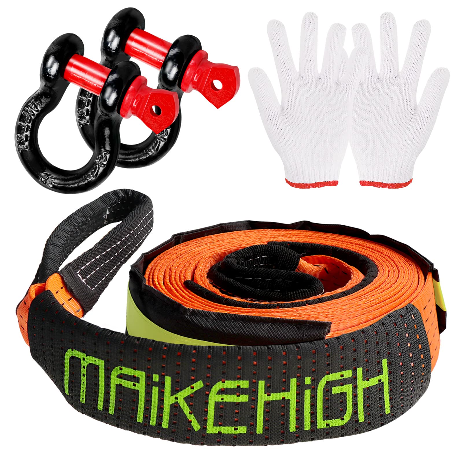 MAIKEHIGHTow Rope 5M x 5cm,10 Ton (22,000 Lbs) Off-Road Recovery Tow Strap with 2 Anti-Proof Gloves, 2 Reinforced Shackles