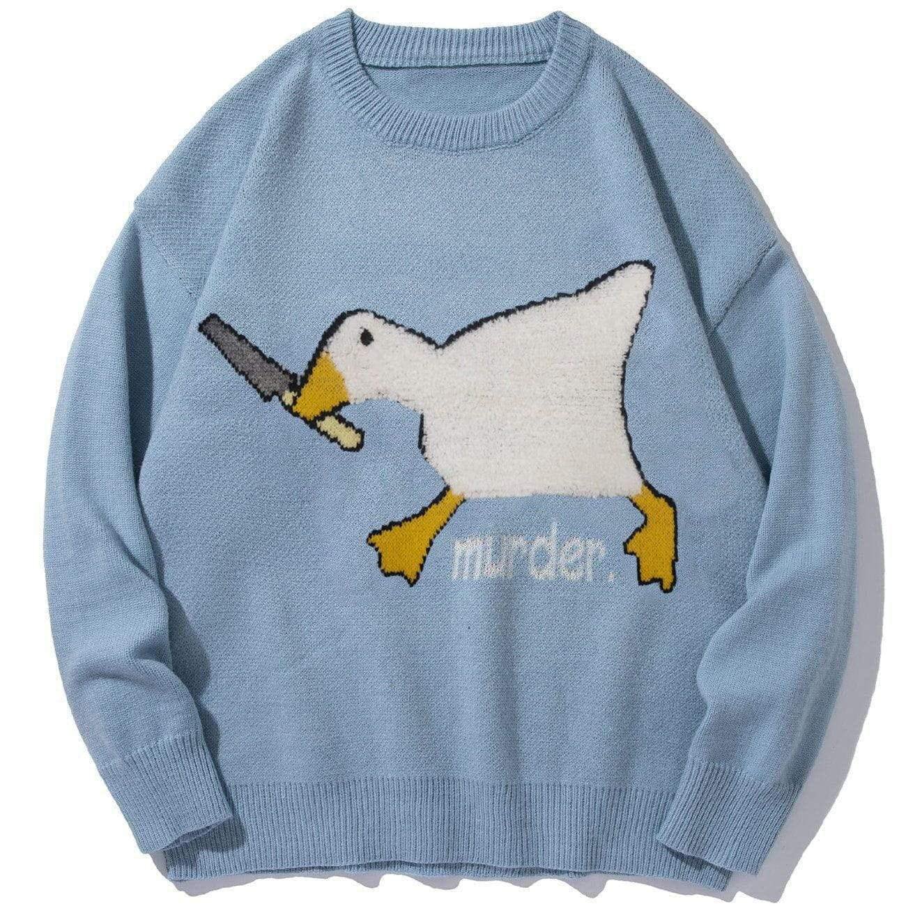 VamtacMens Vintage Oversize Cute Murder Goose Graphic Knite Sweater Long Sleeve Round Neck Knitted Unisex Pullover Jumper