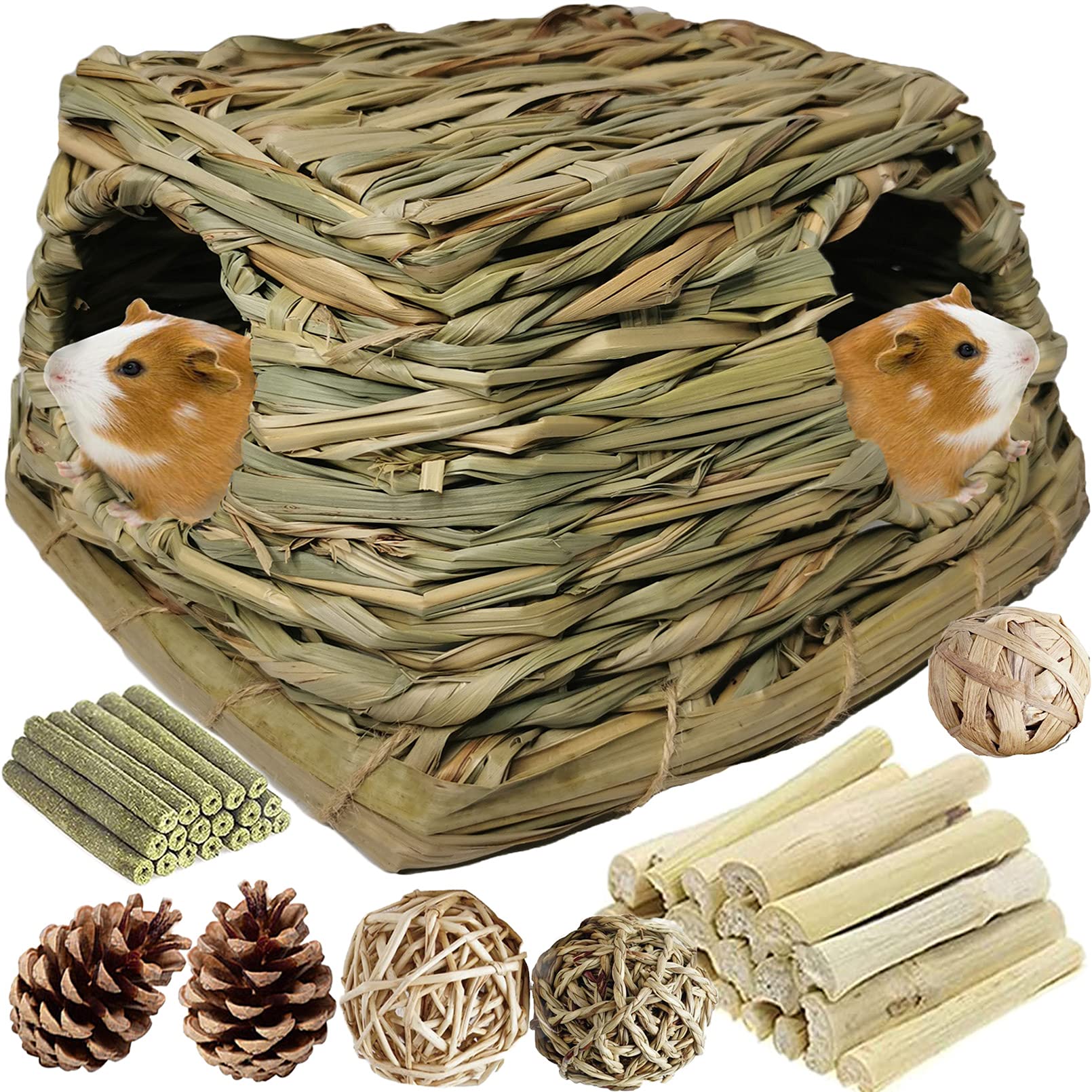 PINVNBY Guinea Pig Grass House with Chew Toys Little Rabbit Natural Hideout Small Pet Grass Hut with Play Toys for Bunny Hamster Rat Chinchilla Hedgehog Squirrel Gerbil（Ball at Random）