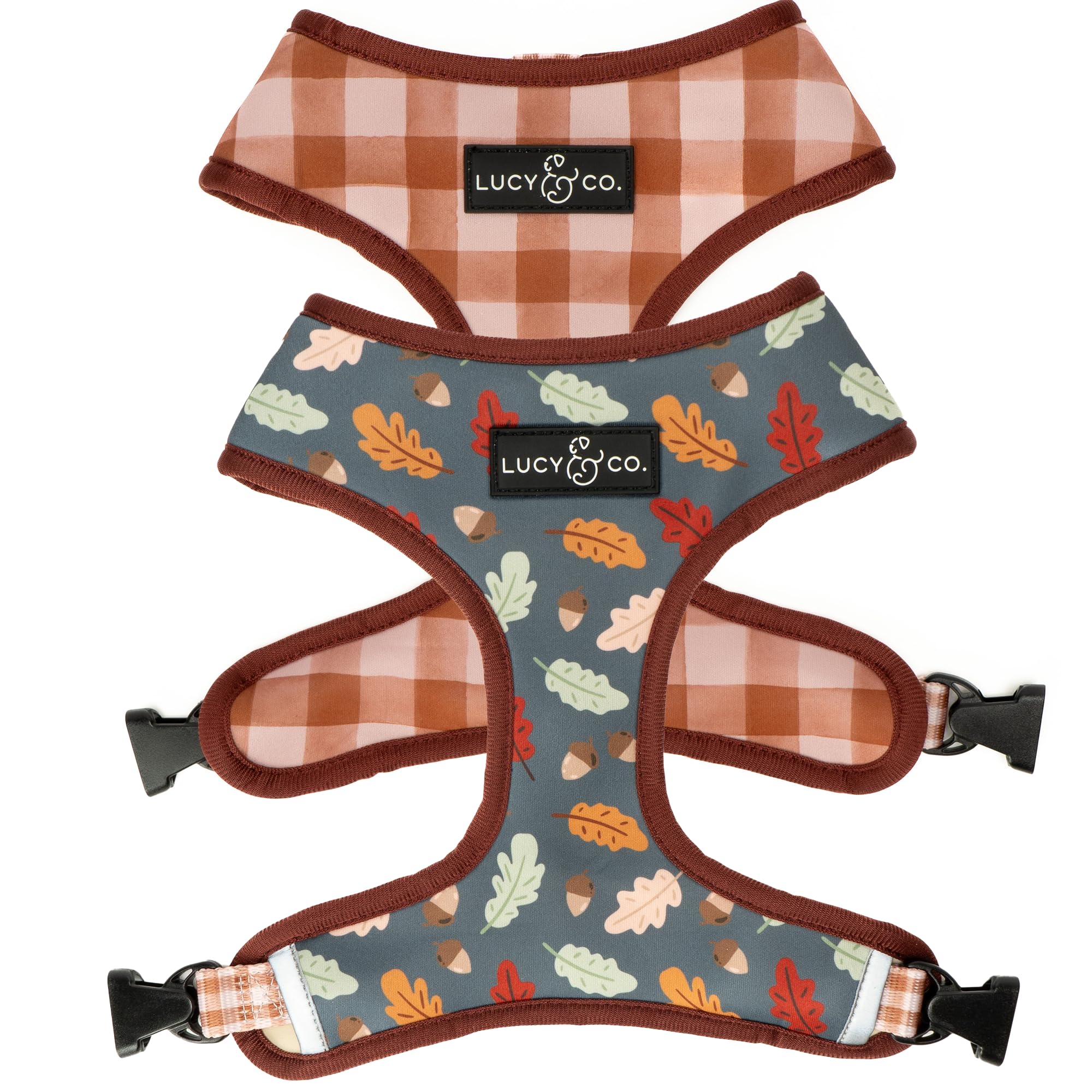 Lucy & Co. Cute Reversible Dog Harness Walking Halter - Best Designer Pet Harnesses for XS - XL Dogs - Padded Adjustable Vest for Easy Walking (X-Small, Brown Orange Gray Leaves)