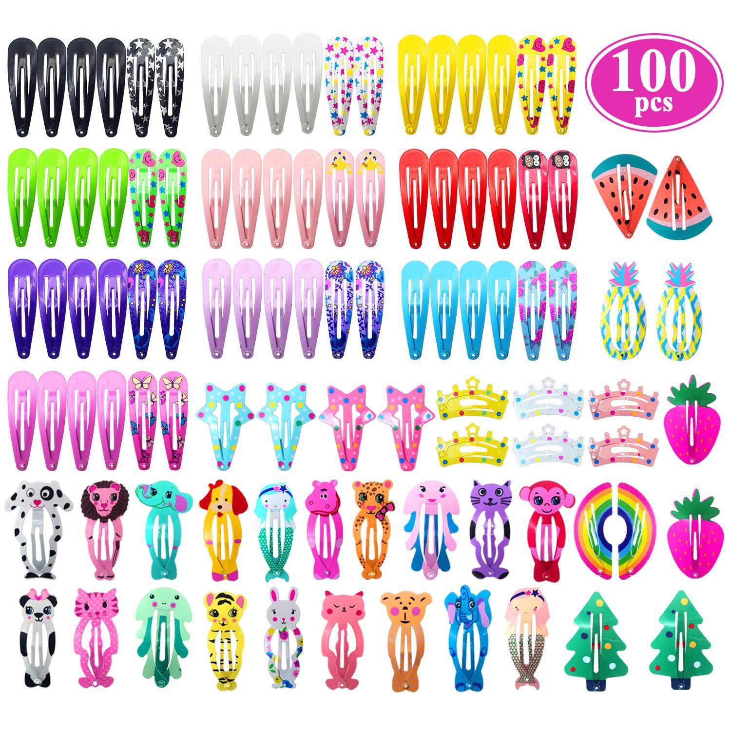 Hair Clips for Girls, No Slip Metal Snap Hair Clips Barrettes for Kids Teens Women, Cute Candy Color Cartoon Design Hair Pins (Animals Fruits Crowns Stars) (LS-A 100PCS)