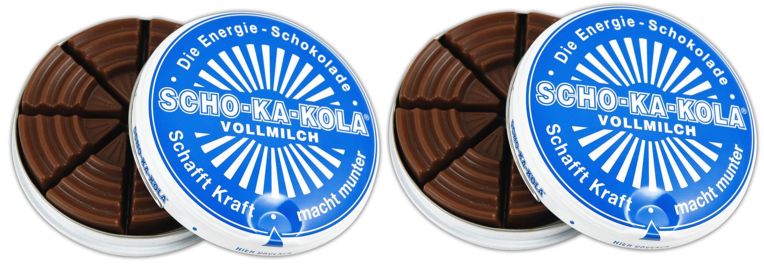 Milk Chocolate SCHO-KA-KOLA with natural Caffeine from Cocoa, Cola-Nut-Powder and Coffee 2 tins x 100 g/Germany