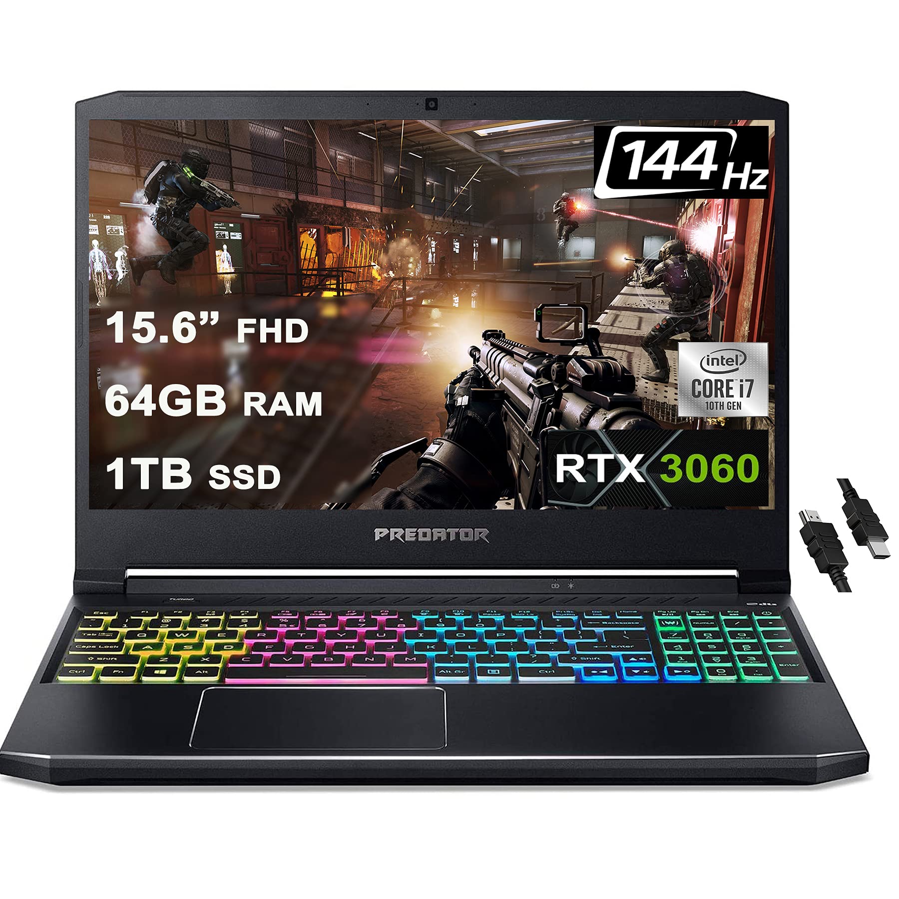 Acer Predator Helios 300 Gaming Laptop 15.6" FHD 144 Hz 3ms IPS Intel Octa-Core i7-11800H 64GB RAM 1TB SSD GeForce RTX 3060 6GB RGB Backlit Thunderbolt Sleeve Win10 + HDMI Cable