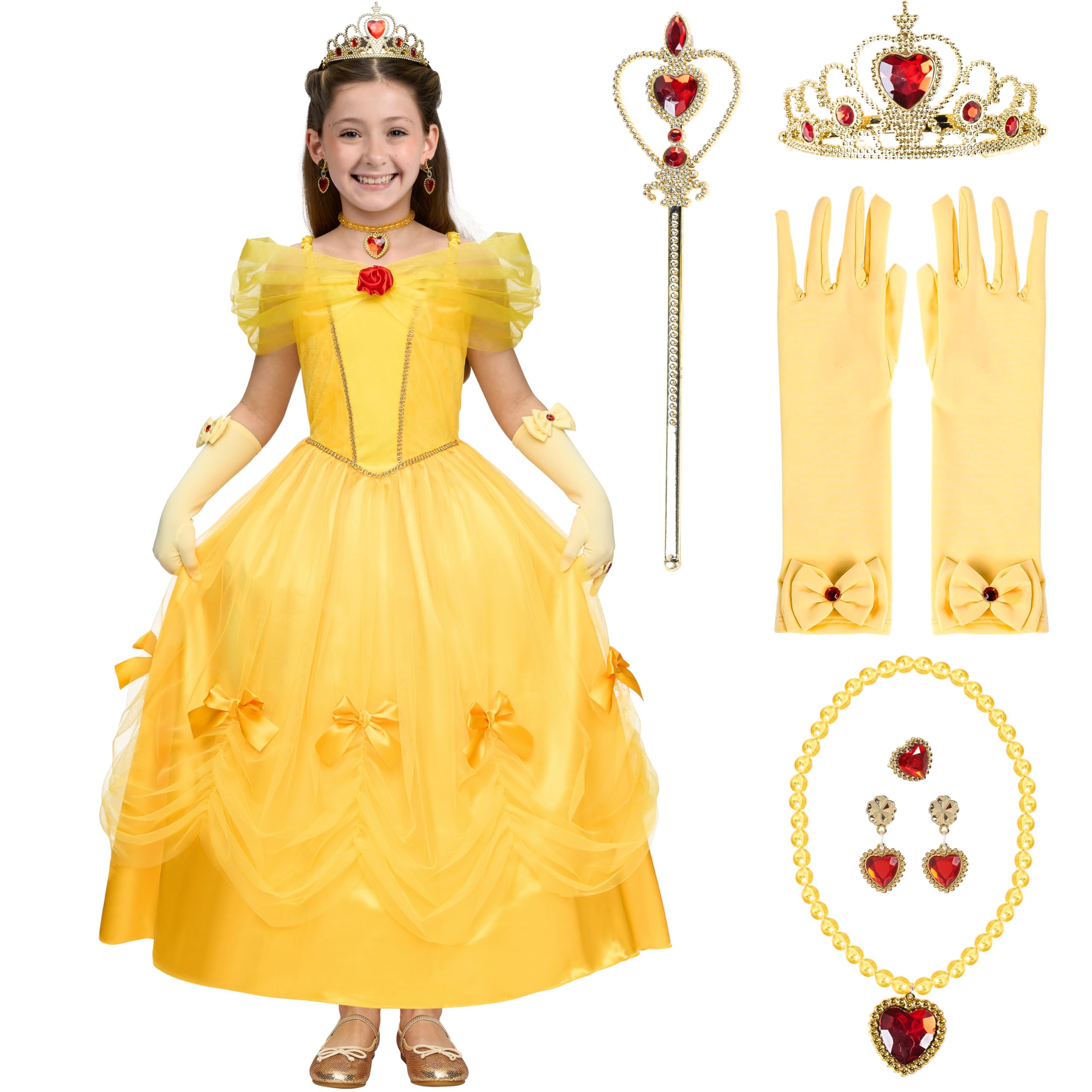 Spooktacular Creations 7 Pcs Princess Costume Dress, Girl Yellow Princess Costume, Princess Dressing up with Crown Wand Gloves Necklace Ring and Earrings