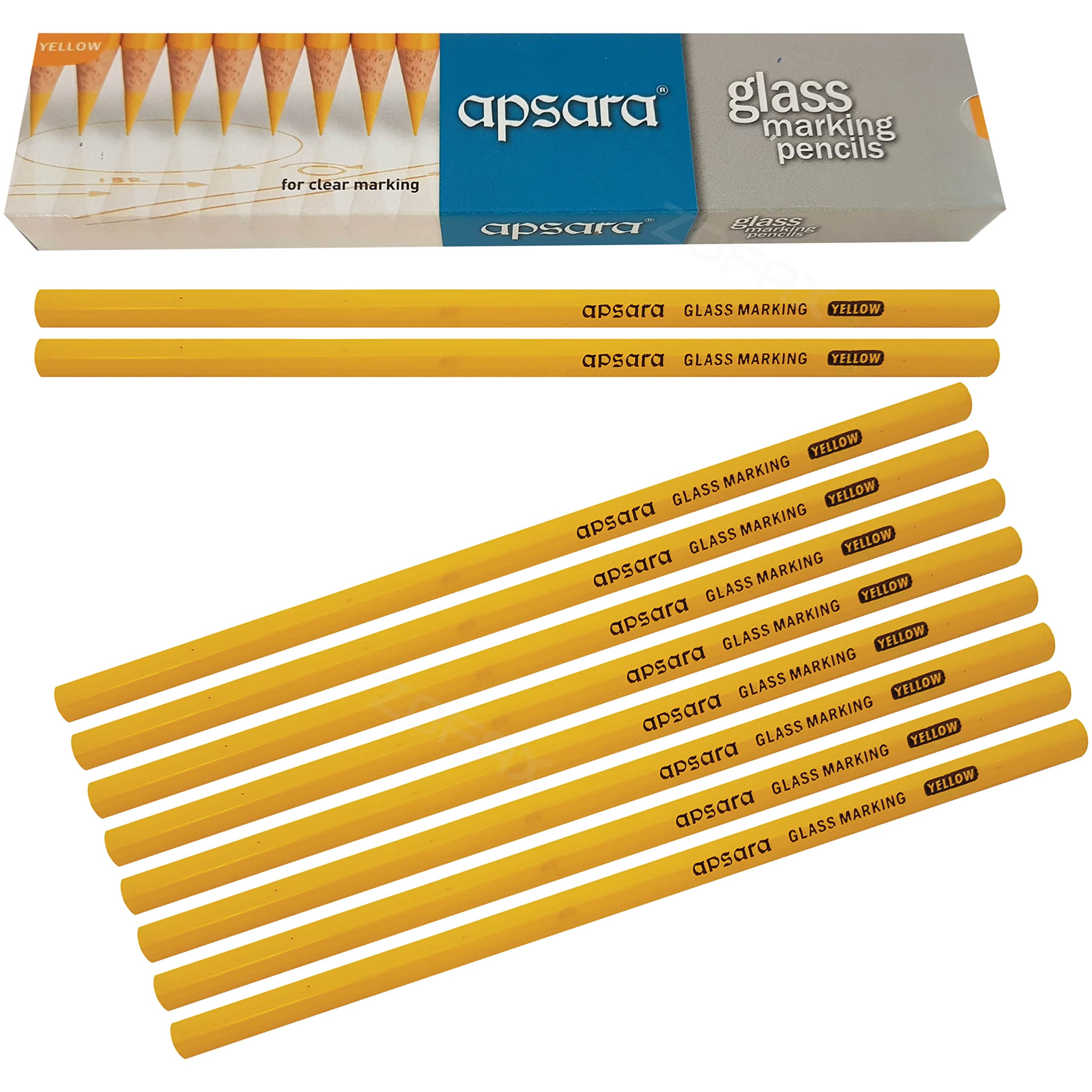 10 APSARA Glass Marking YELLOW Pencils For Glass Fabric Leather Lens Metal Vinyl