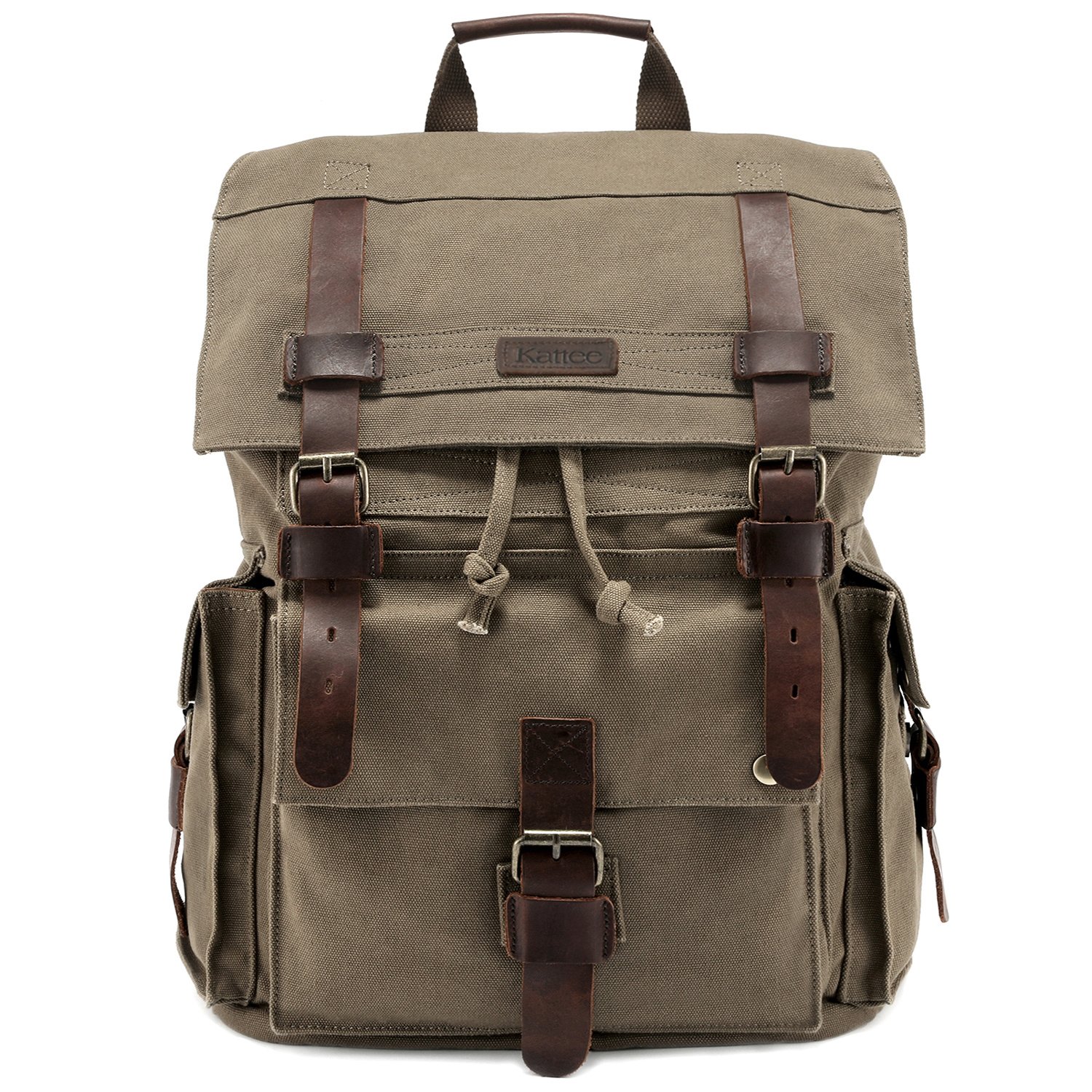 KatteeMen’s Leather Canvas Backpack Large School Bag Travel Rucksack Army Green