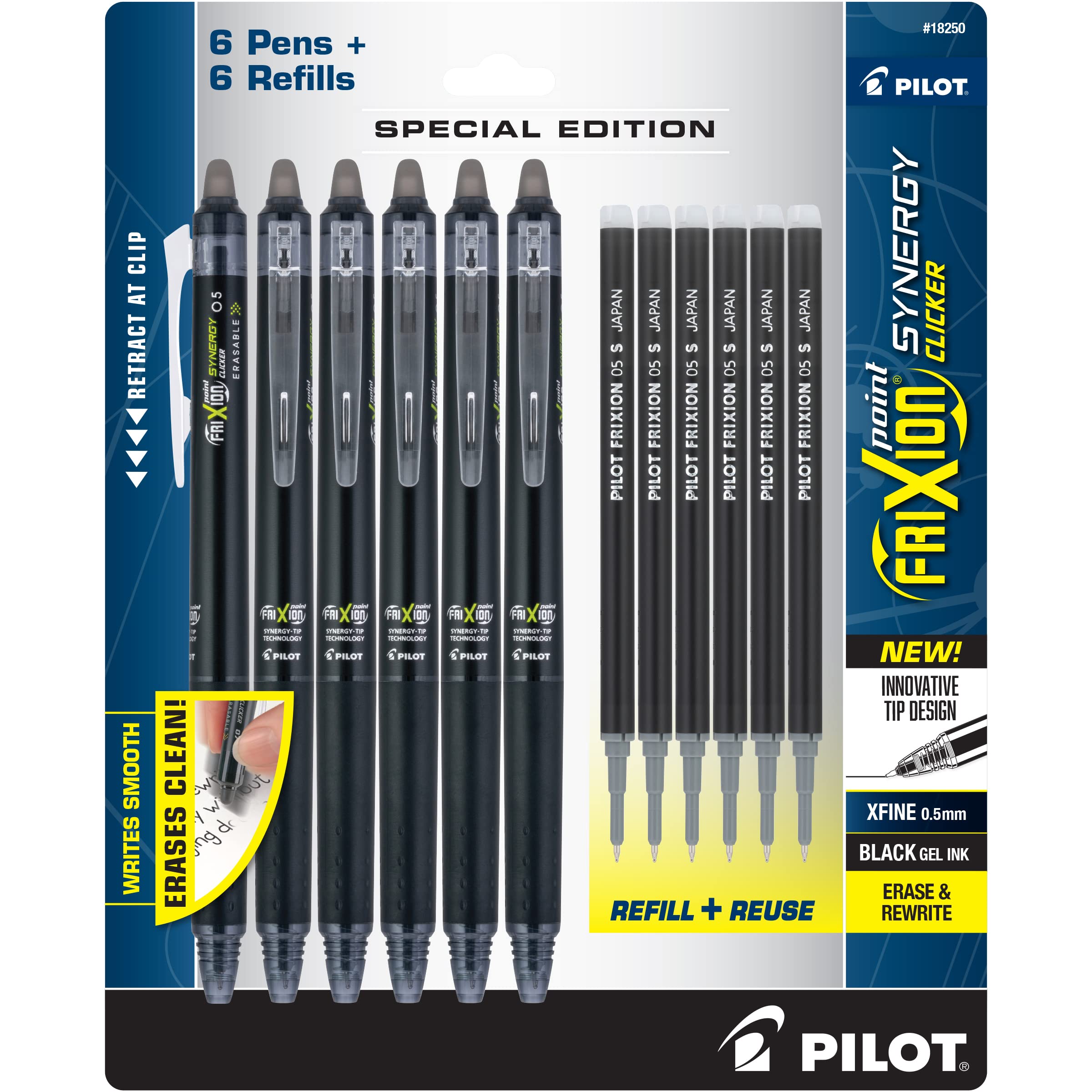 PilotFrixion Synergy Clicker Erasable Pens, Retractable and Refillable, 0.5mm Extra Fine Point, 6 Pack of Black Ink Pens + 6 Refills