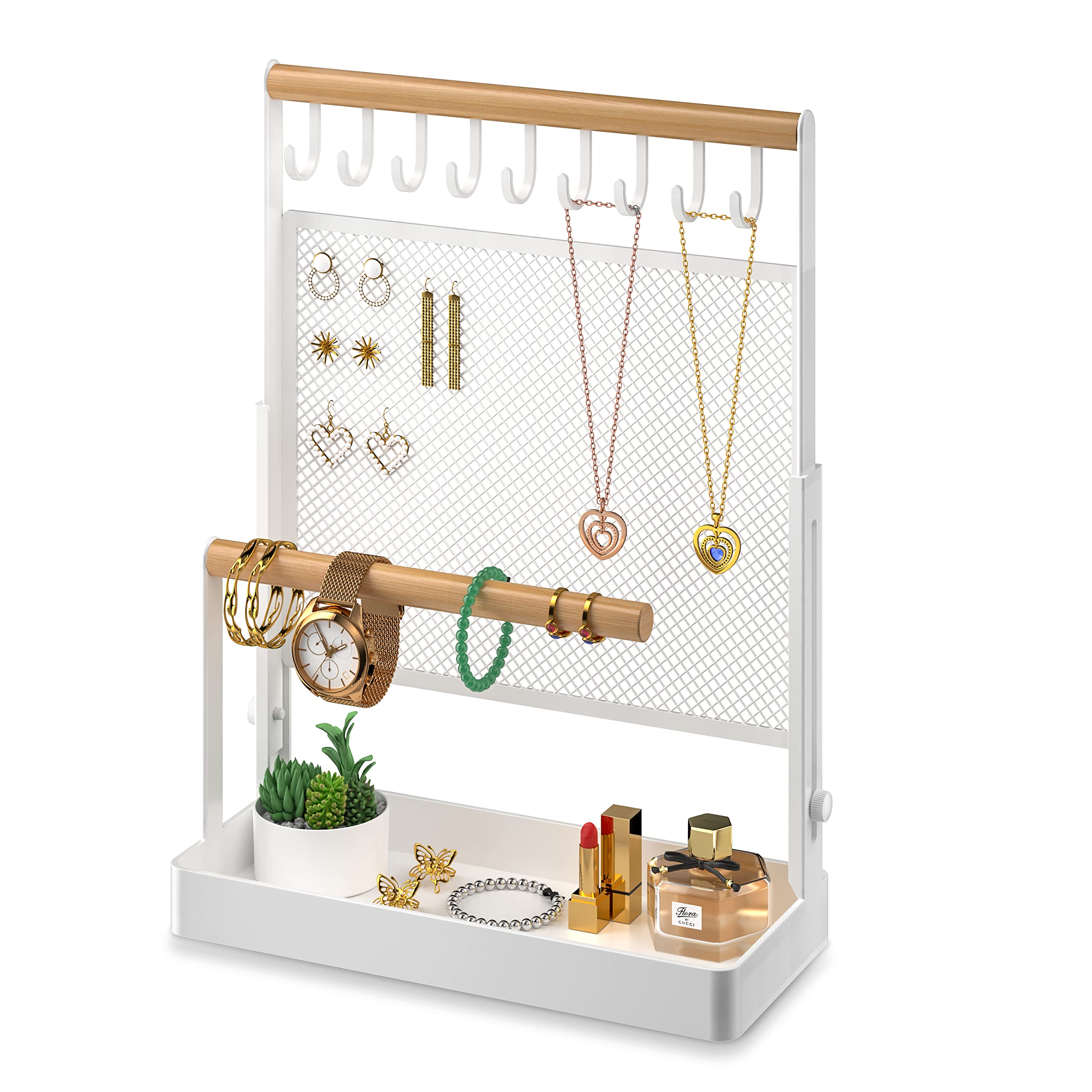 IOAIANIAIOAIANIA Jewelry Organizer Stand, Liftable Necklace Holder with Earring Organizer Net, 9 Hooks Necklaces Storage Wooden Handing Bar for Bracelets Watches Rings (White)