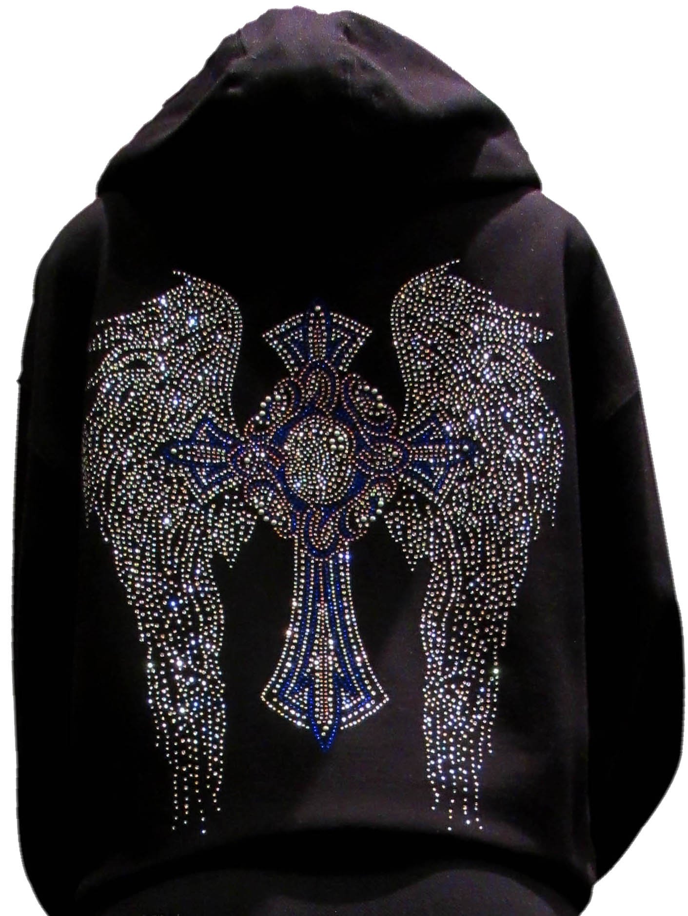 Multicolor Rhinestone Cross and Angel Wings Black Zipper Hoodie