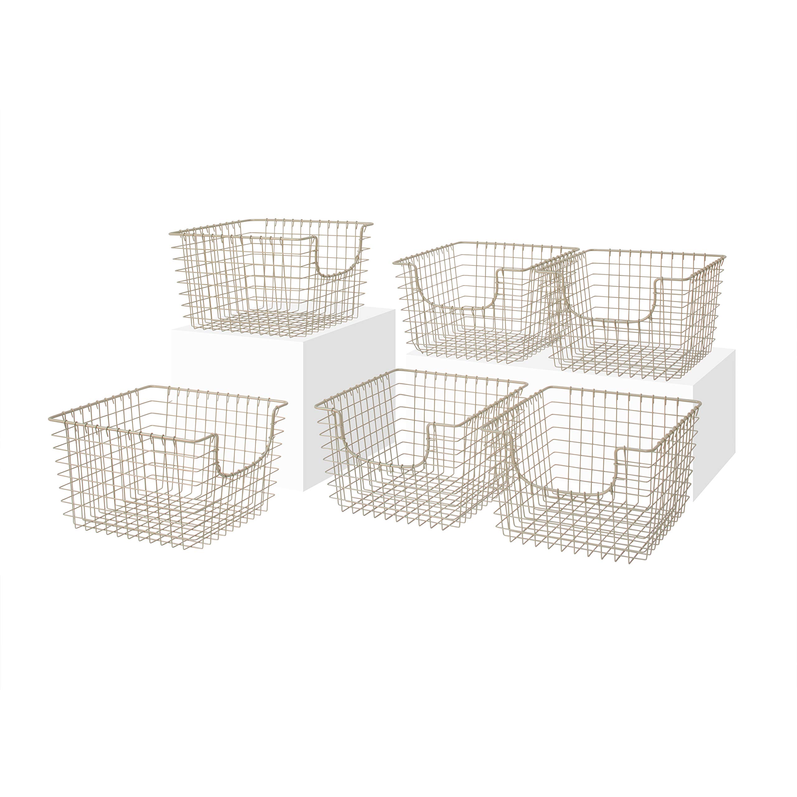 Spectrum Diversified Scoop Wire Basket, Vintage-Inspired Steel Storage Solution for Kitchen, Pantry, Closet, Bathroom, Craft Room & Garage, Pack of 6, Medium, Satin Nickel, 6 Count