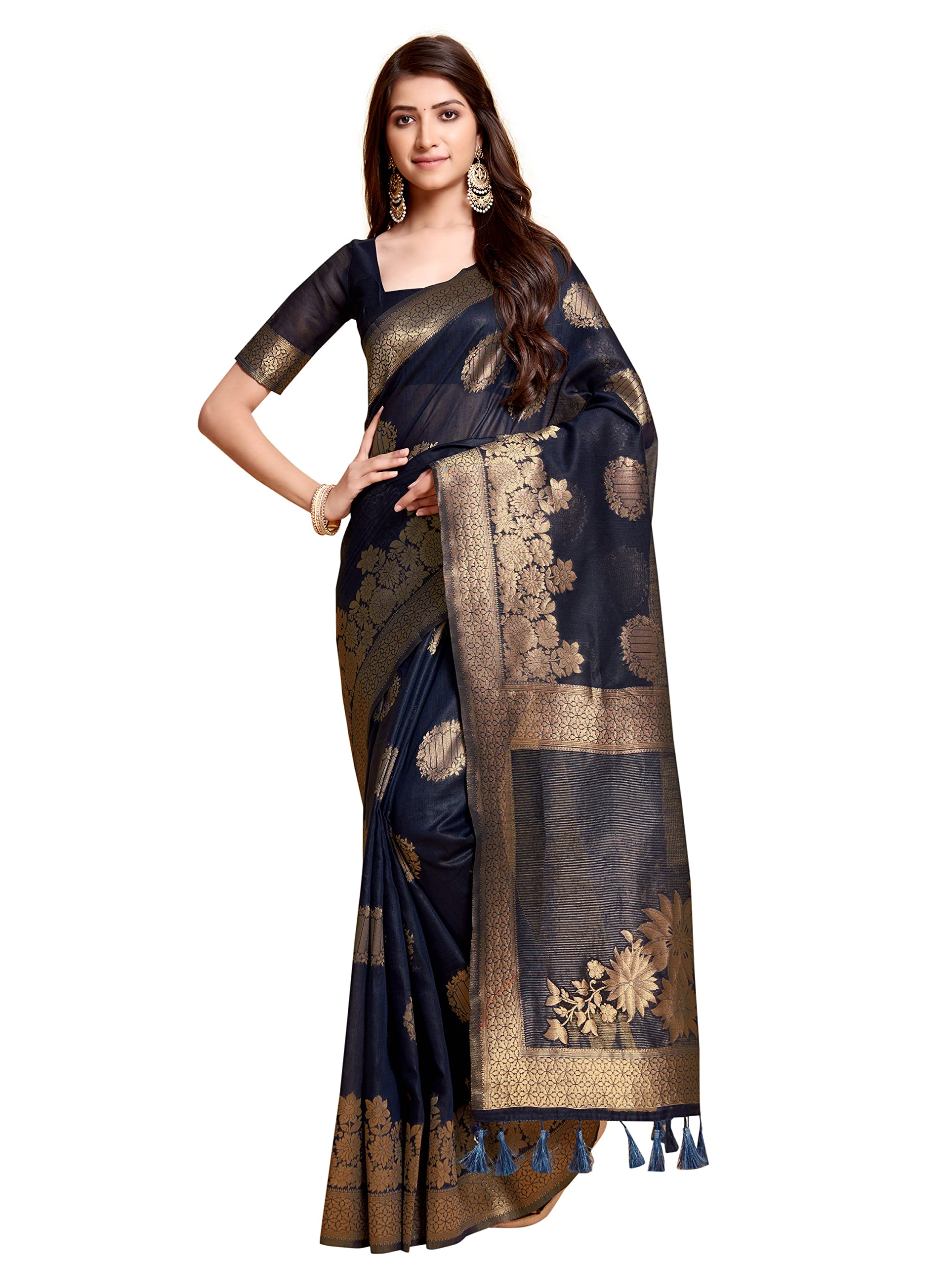 PISARA Women Linen Cotton Silk Saree With Unstiched Blouse Piece