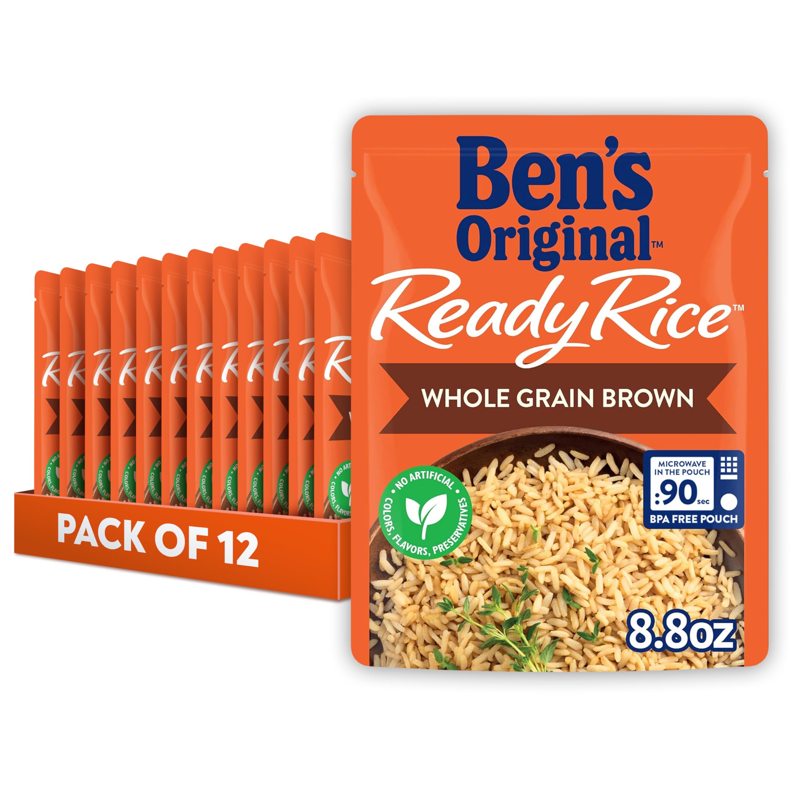 BEN'S ORIGINAL Ready Rice Whole Grain Brown Rice, Easy Dinner Side, 8.8 OZ Pouch (Pack of 12)