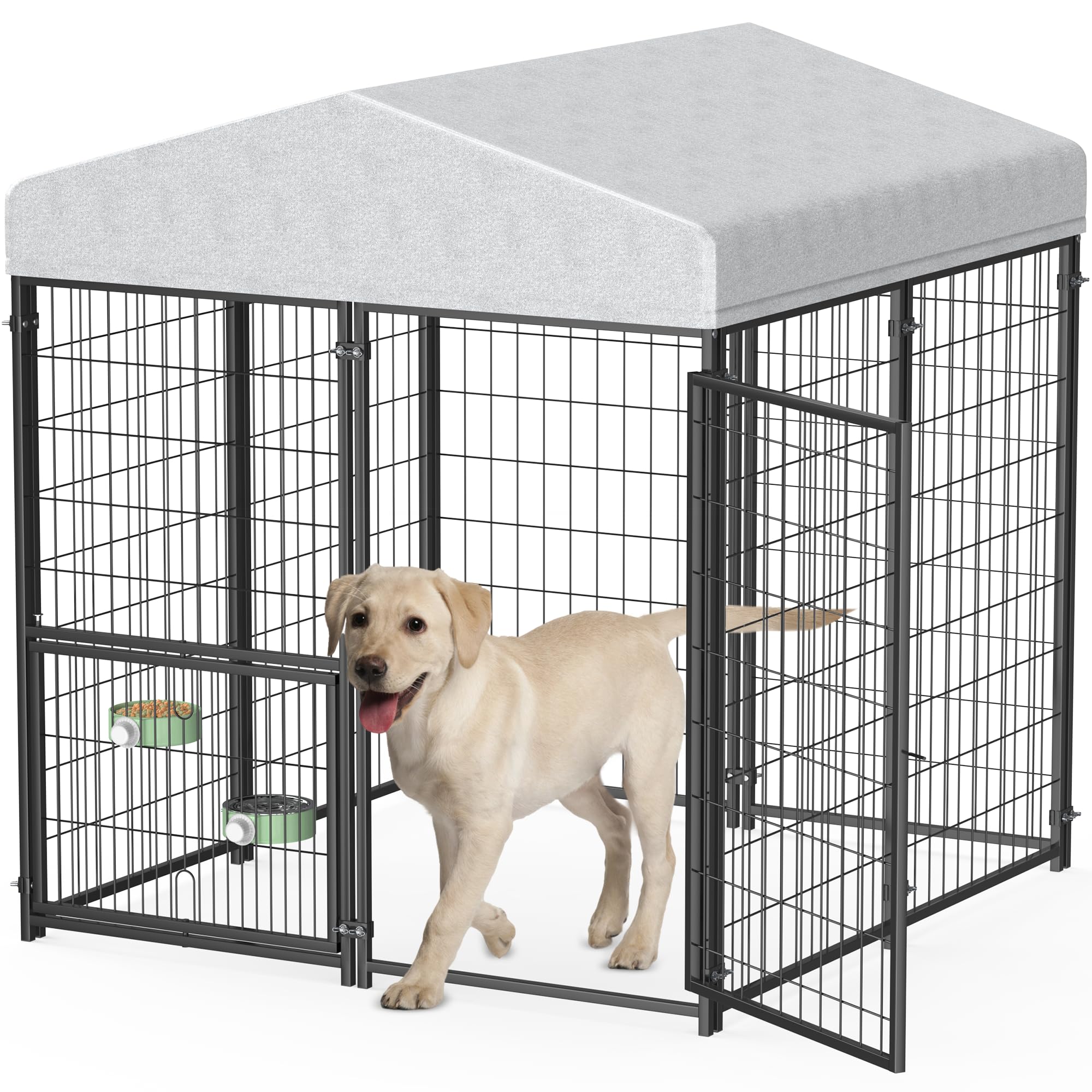 Mr IRONSTONE Large Dog Kennel Outdoor with Water-Resistant Roof Heavy Duty Outside Dog Kennel Pet Pens Dogs Run Enclosure with Rotating Feeder and Secure Lock (4'L x 4'W x 4.4'H)