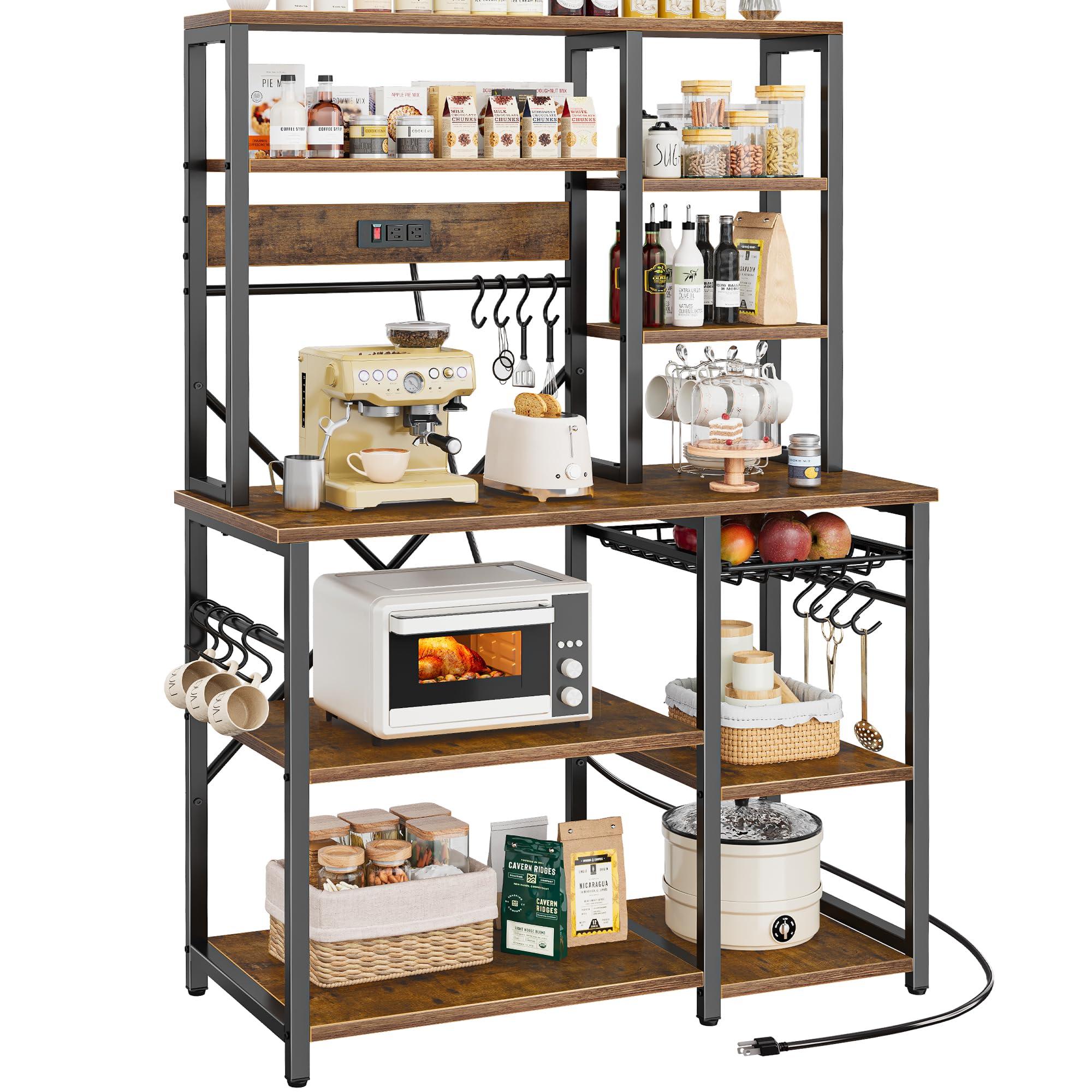 SUPERJARE Large Bakers Rack with Power Outlets, 6-Tier Microwave Stand, Coffee Bar with 12 S-Shaped Hooks, Kitchen Shelf with Wire Basket, 39.3 x 15.5 x 66.9 Inches, Rustic Brown