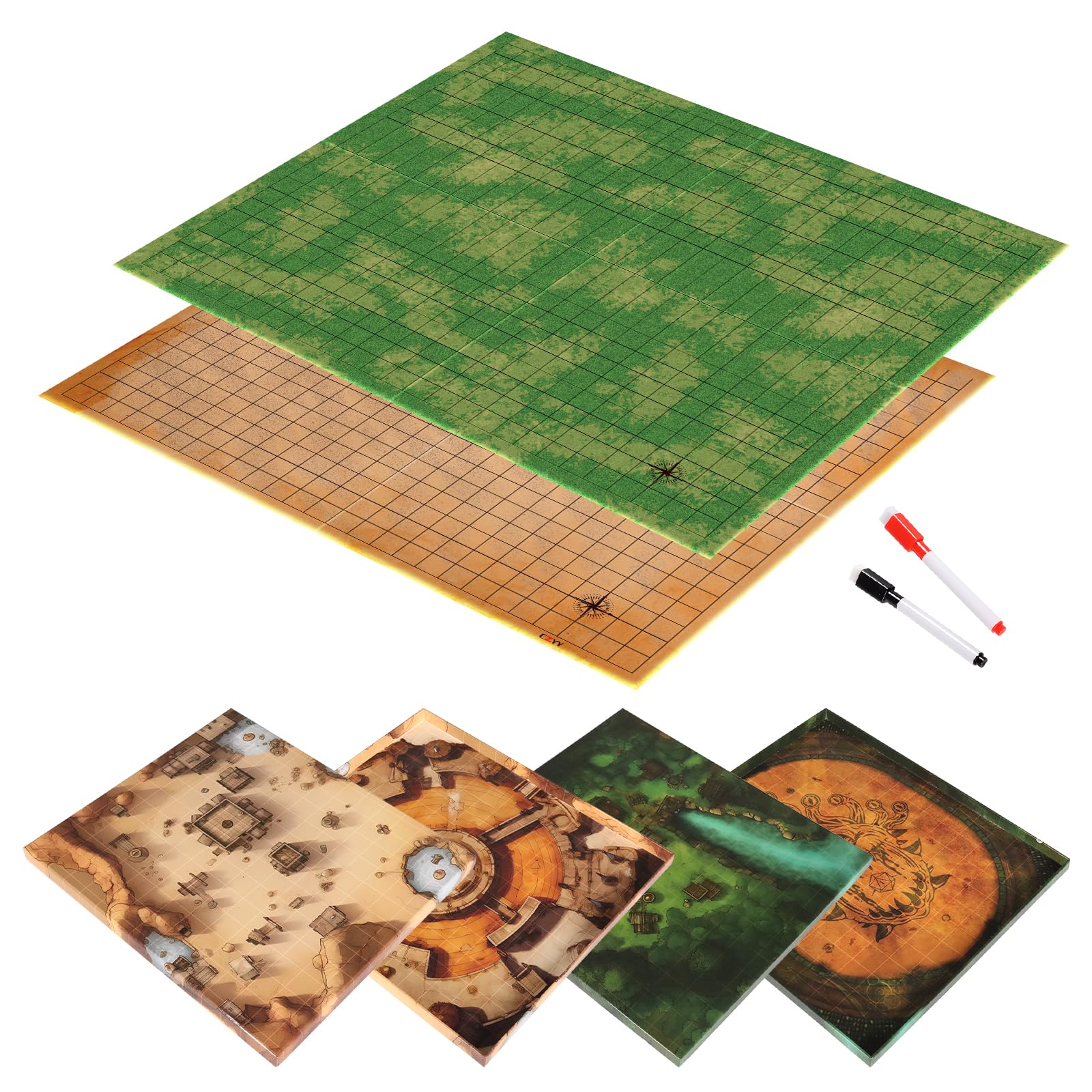 CZYY DND Foldable Mat Dry Erase TTRPG Map Grassland & Desert Two-Sided Cardboard Terrain 27x23 Inches with Square Grid - Portable, Reusable Game Board for D&D, Pathfinder and Tabletop RPGs (Style A)