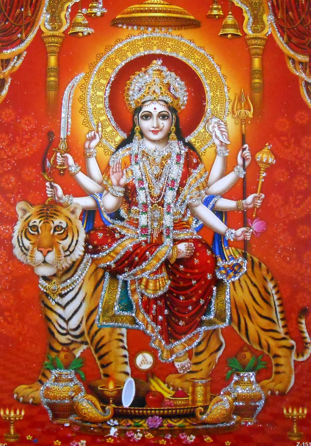 Crafts of IndiaGoddess Durga Poster/Reprint Hindu Goddess Sheran Wali Mata Picture with Glitter (Unframed : Size 5"X7" inches)