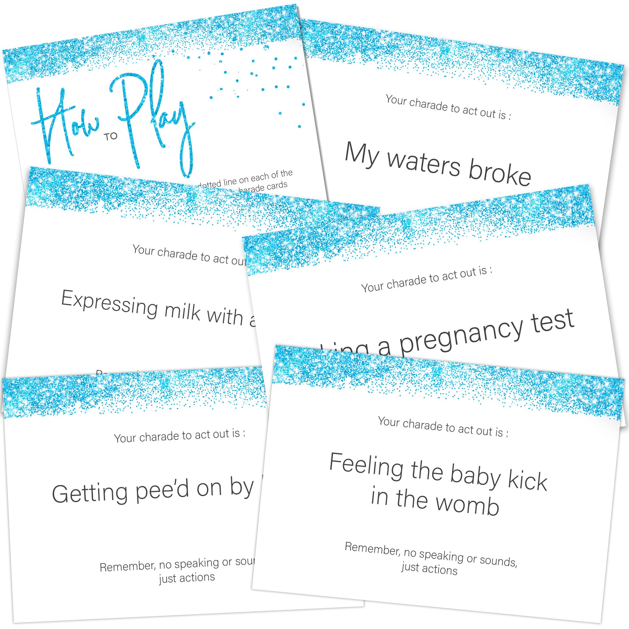 Olivia Samuel Baby Shower Charades - Boys Blue Glitter Effect Design (Includes 38 Charade cards and How to Play Instructions)