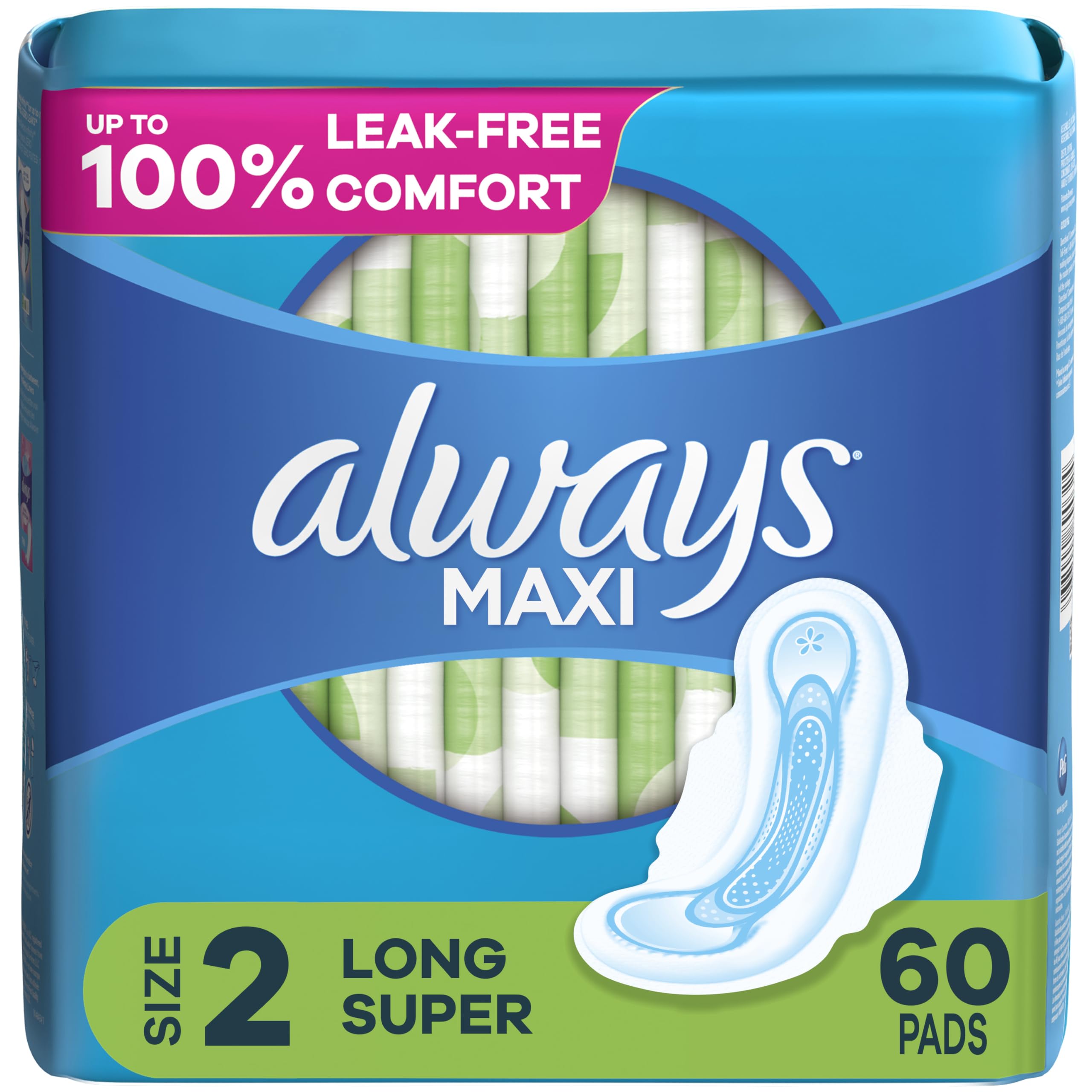 AlwaysMaxi Feminine Pads For Women, Size 2 Long Super Absorbency, With Wings, Unscented, 60 Count