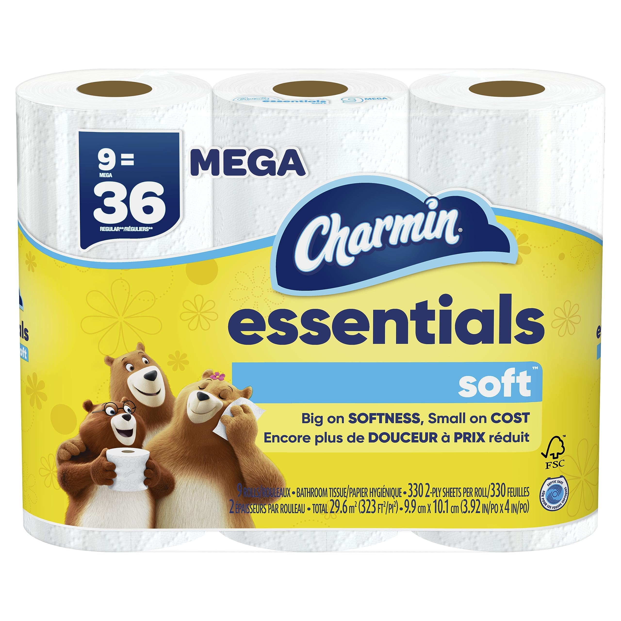 CharminEssentials Soft Toilet Paper, 9 Mega Rolls = 36 Regular Rolls