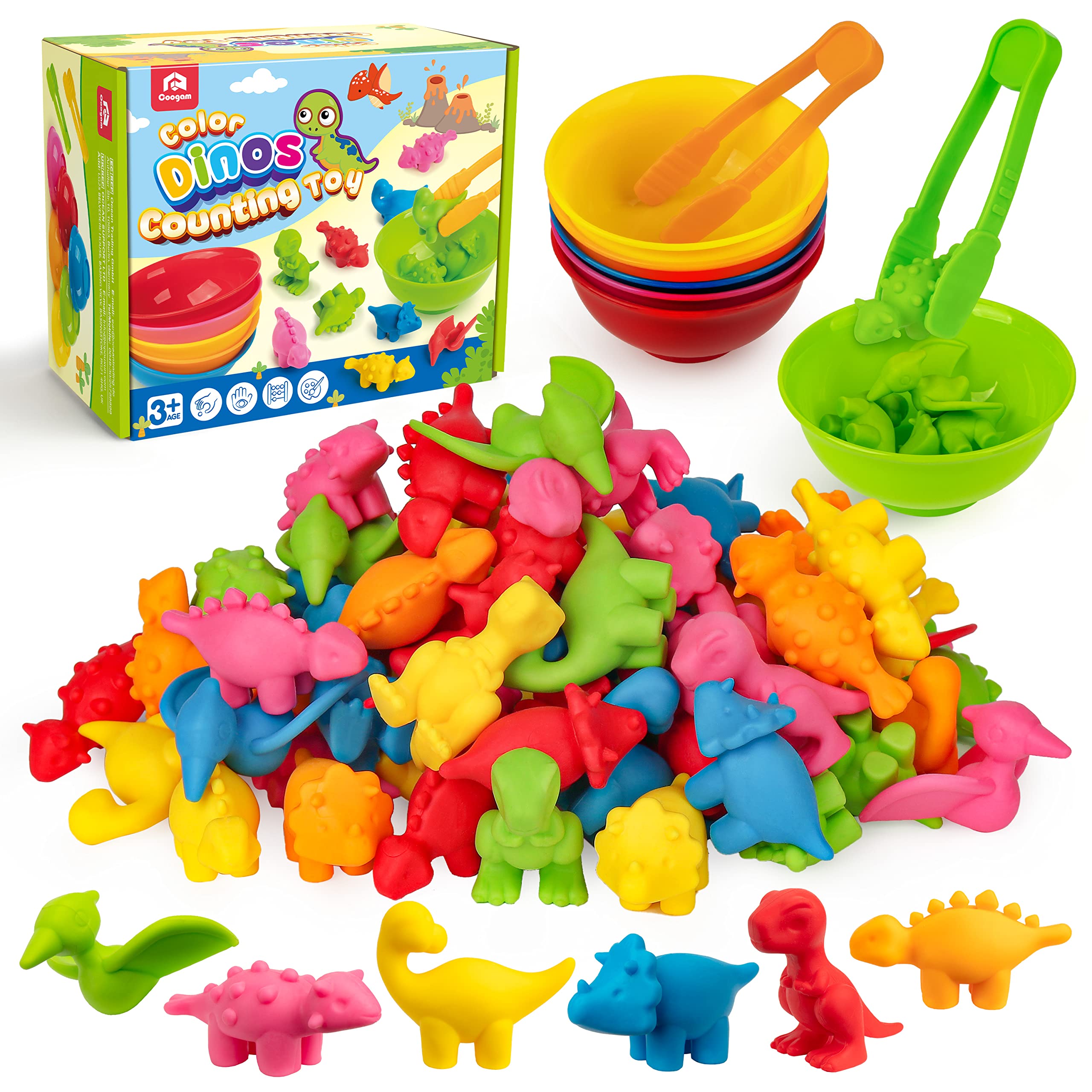 CoogamCounting Dinosaur Sorting Toy Set, Color Matching Classification Game, Montessori Fine Motor Skill Preschool Educational Montessori Learning Toys for 3 4 5 Years Old