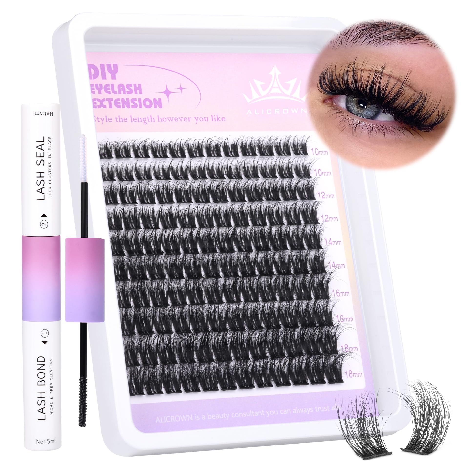 ALICROWN HAIRWispy Lash Clusters Kit, Fluffy Eyelash Extension Kit Natural Lash Extension Kit DIY Individual Lashes Kit 120Pcs Eyelash Clusters Volume 10-18MM Cluster Lashes Kit