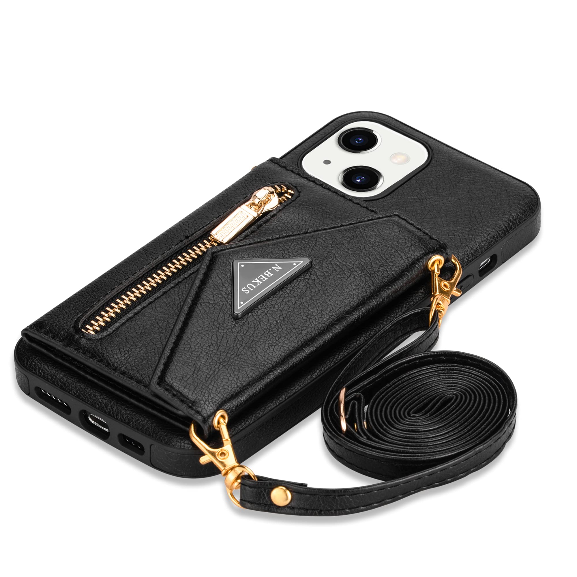 SZHAIYU Wallet Crossbody for iPhone 13 Phone Case with Lanyard Strap Credit Card Holder 6.1'', PU Leather Protective Handbag Zipper Purse Kickstand Cover Women Girl (Black)