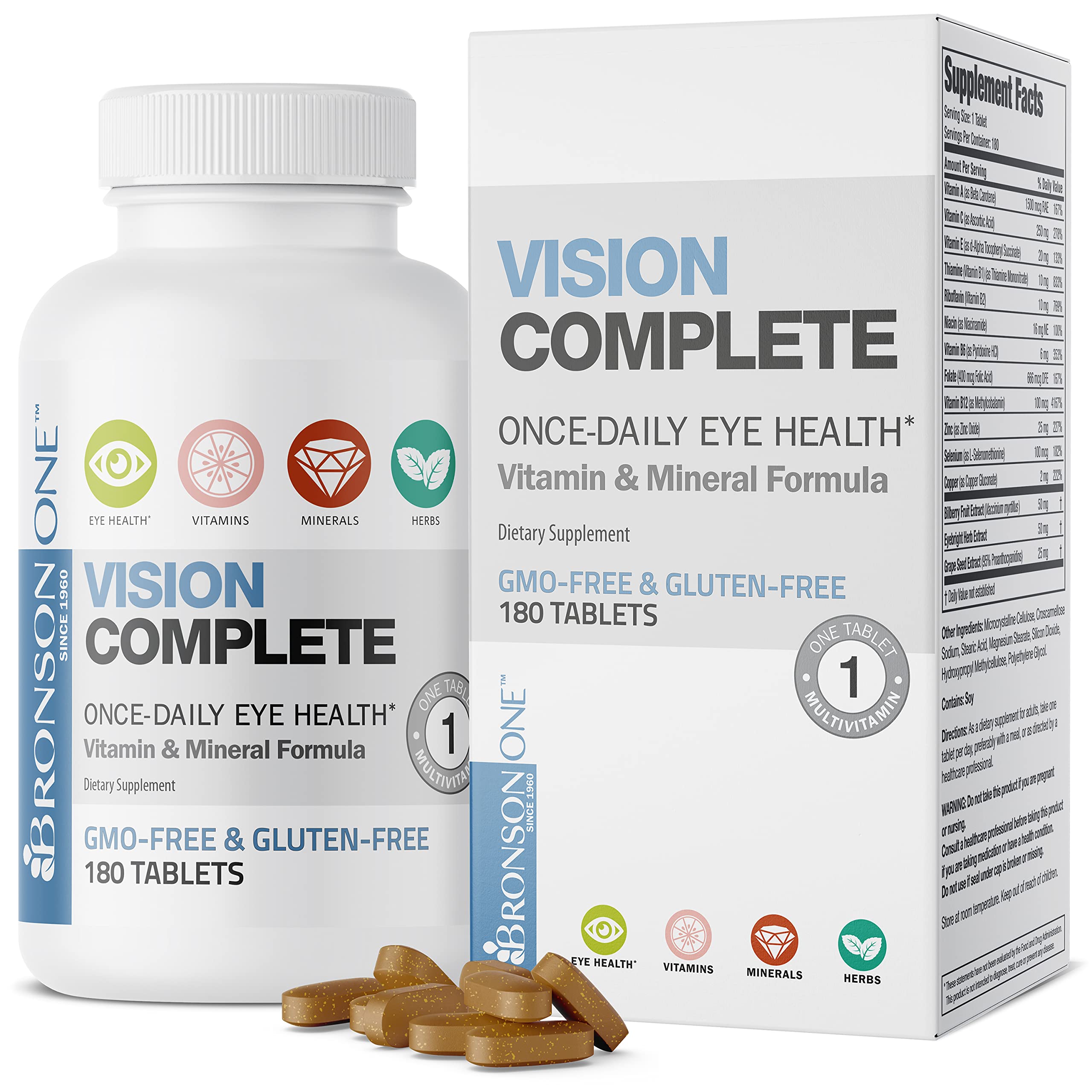 BronsonONE Daily Vision Complete Eye Health Support Multivitamin Multimineral Supplement Formula, 180 Tablets