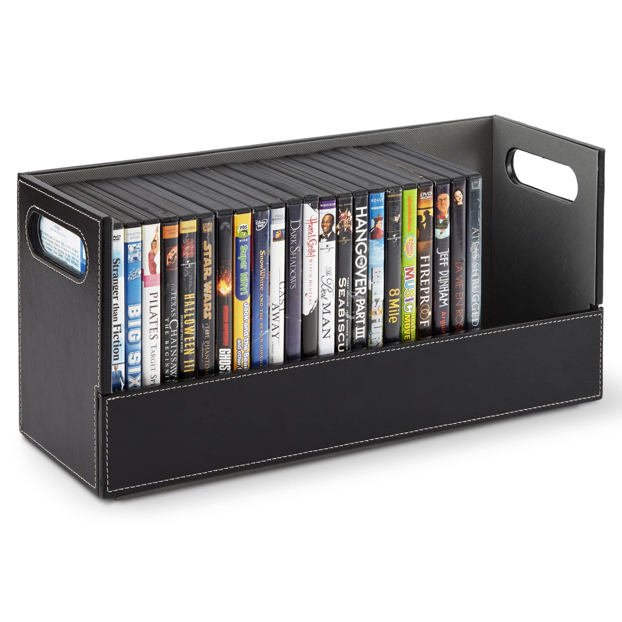 Stock Your Home DVD Storage Box, Movie Shelf Organizer for Blu-Ray, Video Game Cases, CDs, VHS Tape Display Stand, Disc Holder Can Store Up to 28 DVDs, Faux Leather (Black)