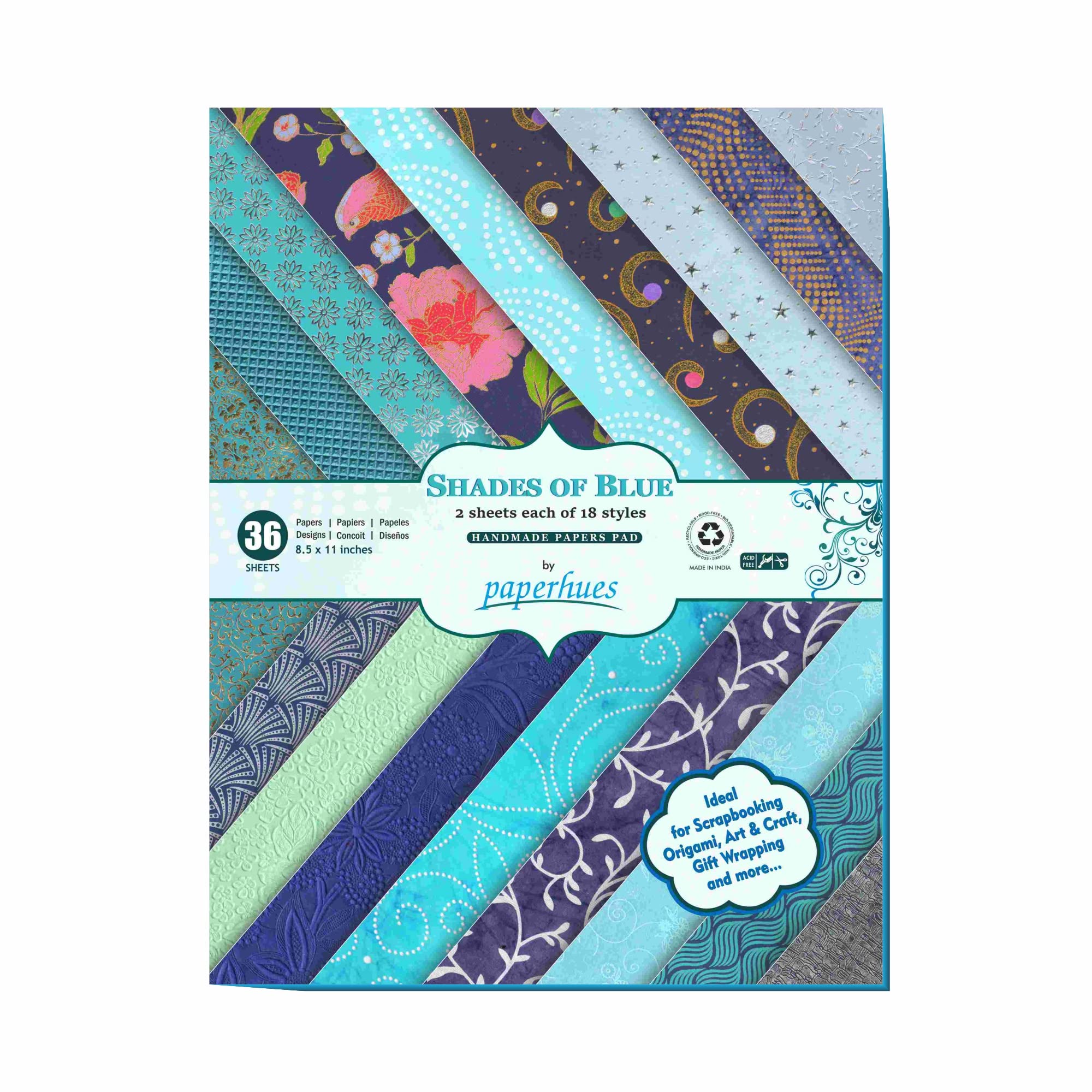 Paperhues Shades of Blue Handmade Scrapbook Paper 8.5 x 11" Pad, 36 Sheets (2 sheets each of 18 styles)