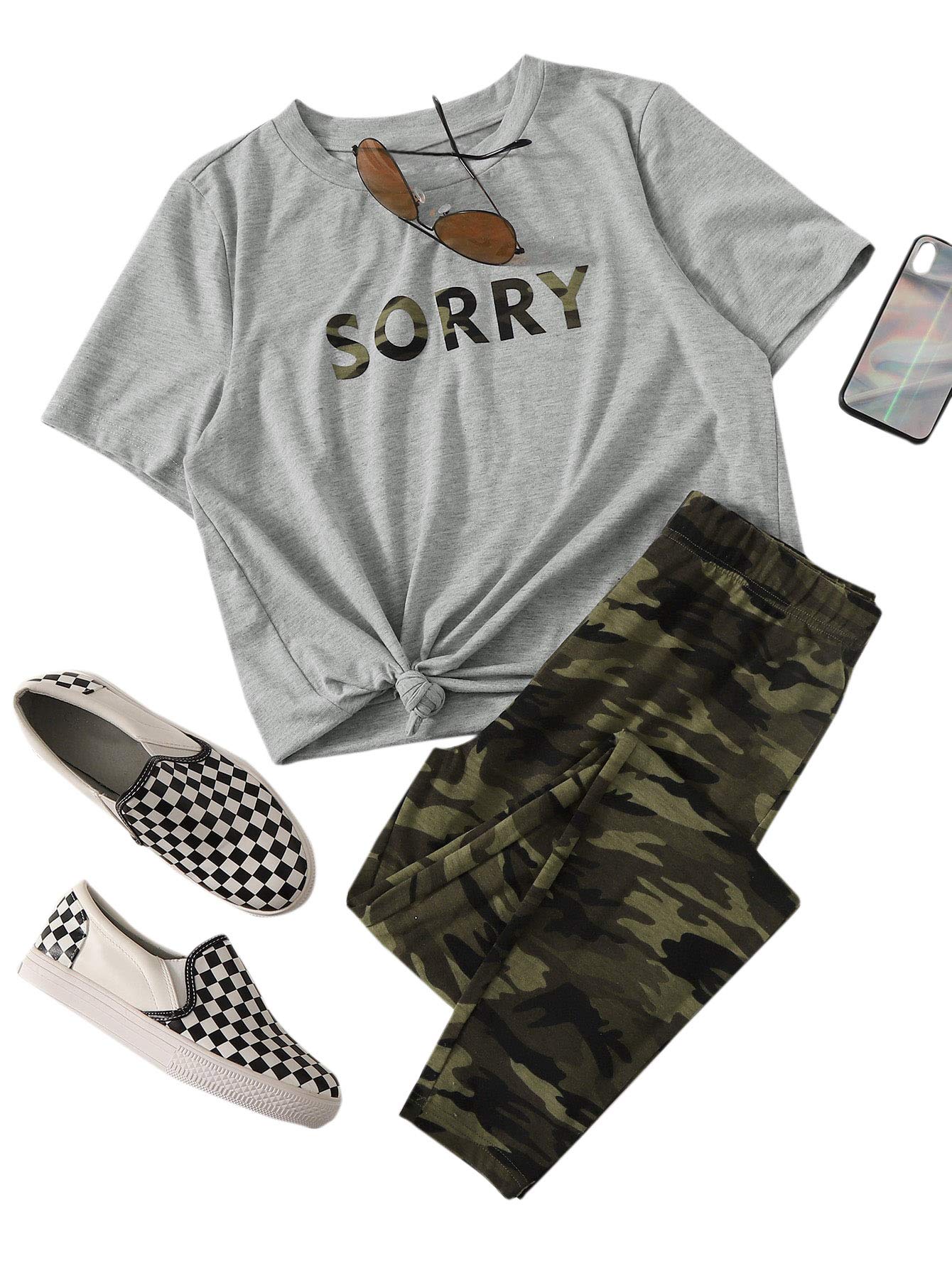 Women's Short Sleeve Tee Top with Camo Leggings Sporty Pajama Set