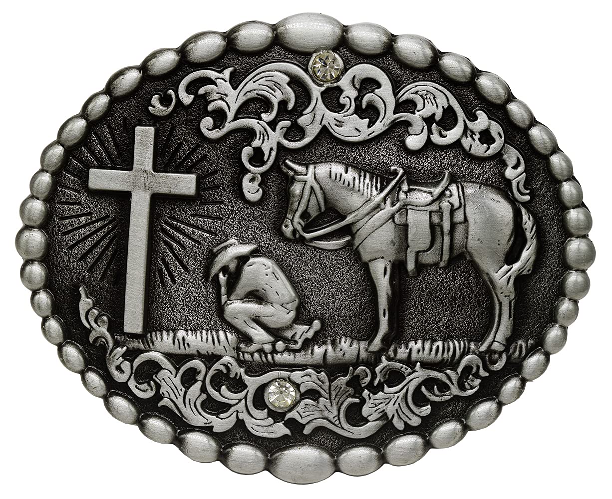 Moranse Small Version Religion Cross Cowboy Kneeling Prayer And Horse Design Belt Buckles (Silver Ovel)