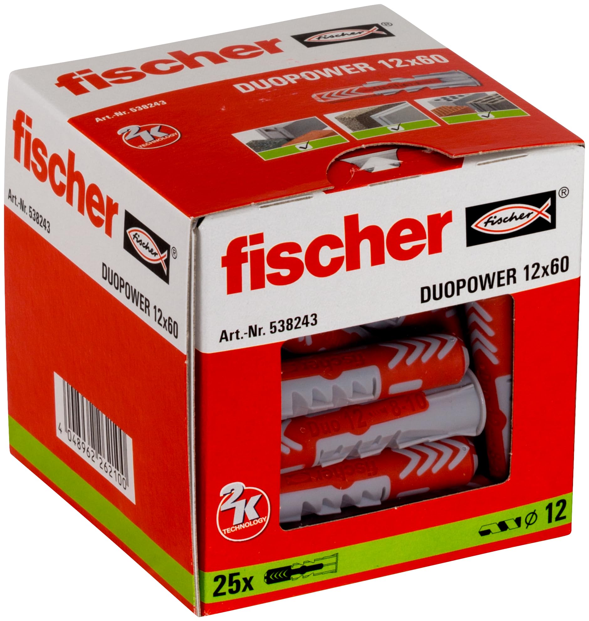 fischer DuoPower 1/2" x 2 3/8" (12x60mm) 25 Plugs (Without Screws) Metric Version Powerful Universal Plug with Intelligent 2-Component Technology for Fastenings in Concrete, Bricks, Drywall, Chipboard