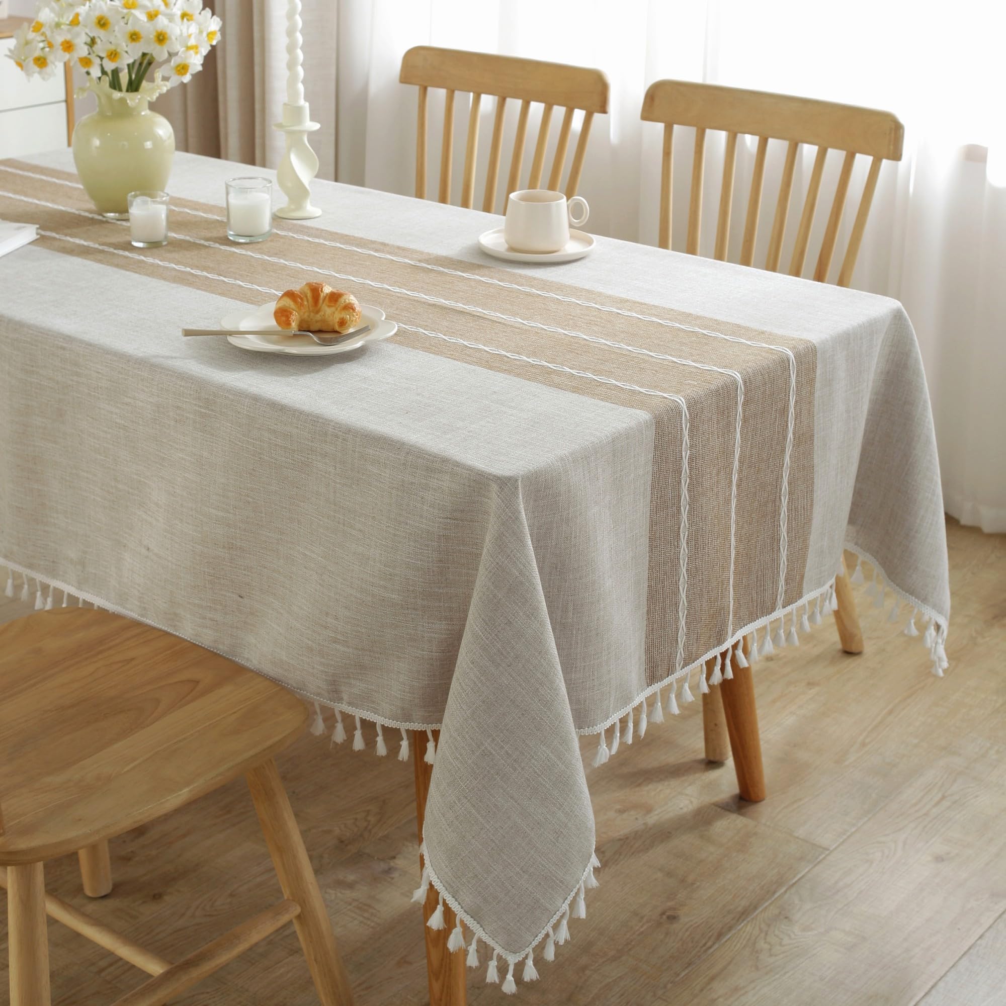 JIALE Tablecloths for Rectangle Tables, Cotton Linen Table Cloth Waterproof Tablecloth Wrinkle Free Farmhouse Dining Table Cover, Soft Fabric Table Cloths with Tassels, Brown, 55" X 70", 4-6 Seats