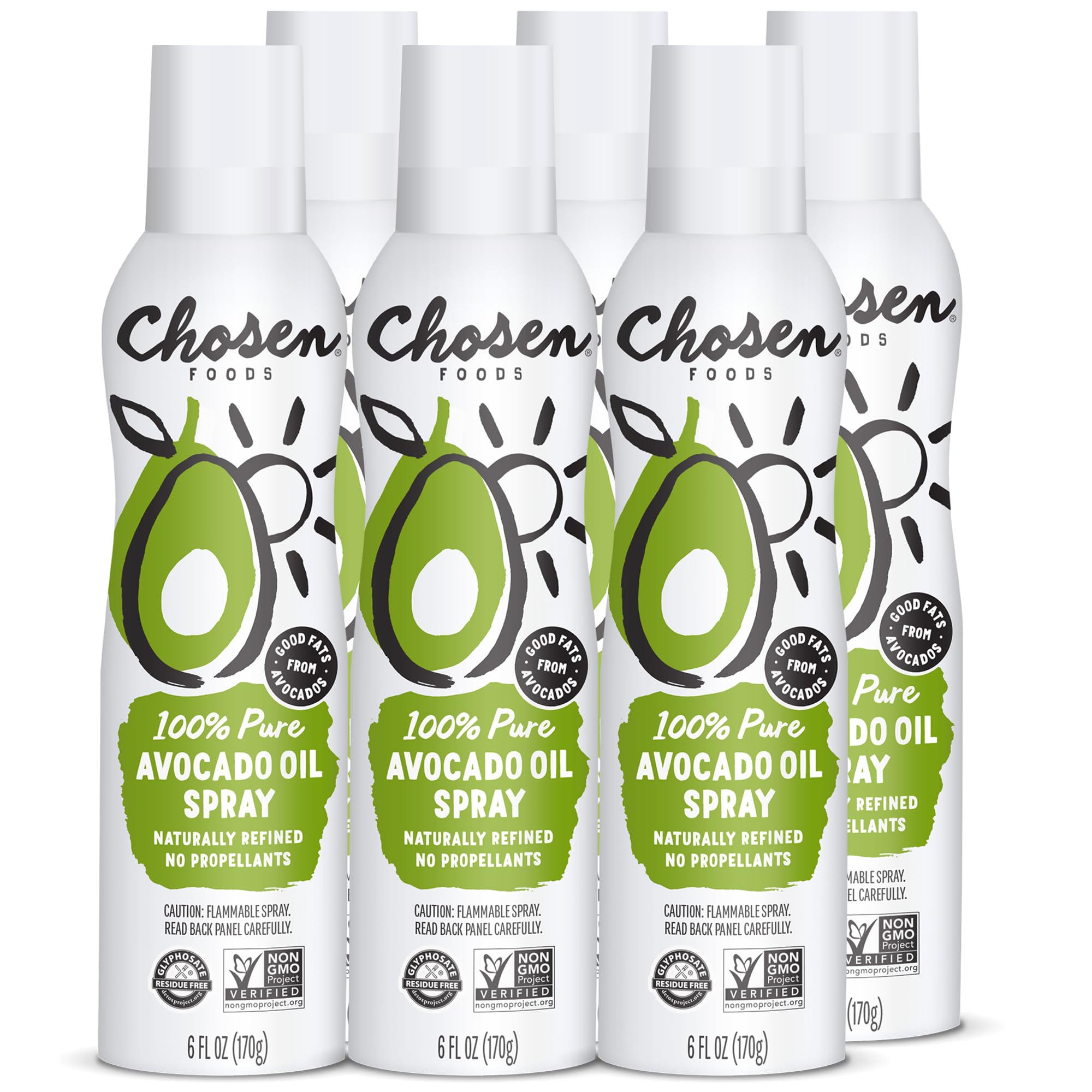 Chosen Foods 100% Pure Avocado Oil Spray, Keto and Paleo Diet Friendly, Kosher Cooking Spray for Baking, High-Heat Cooking and Frying (6 oz, 6 Pack)