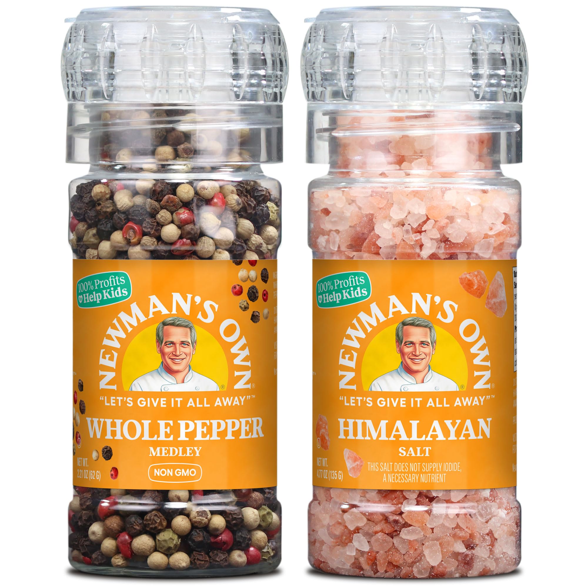 Newman's OwnSpices, Salt and Pepper Adjustable Grinder Set (Himalayan Salt & Whole Pepper Medley Grinders), 2 Count - Kosher