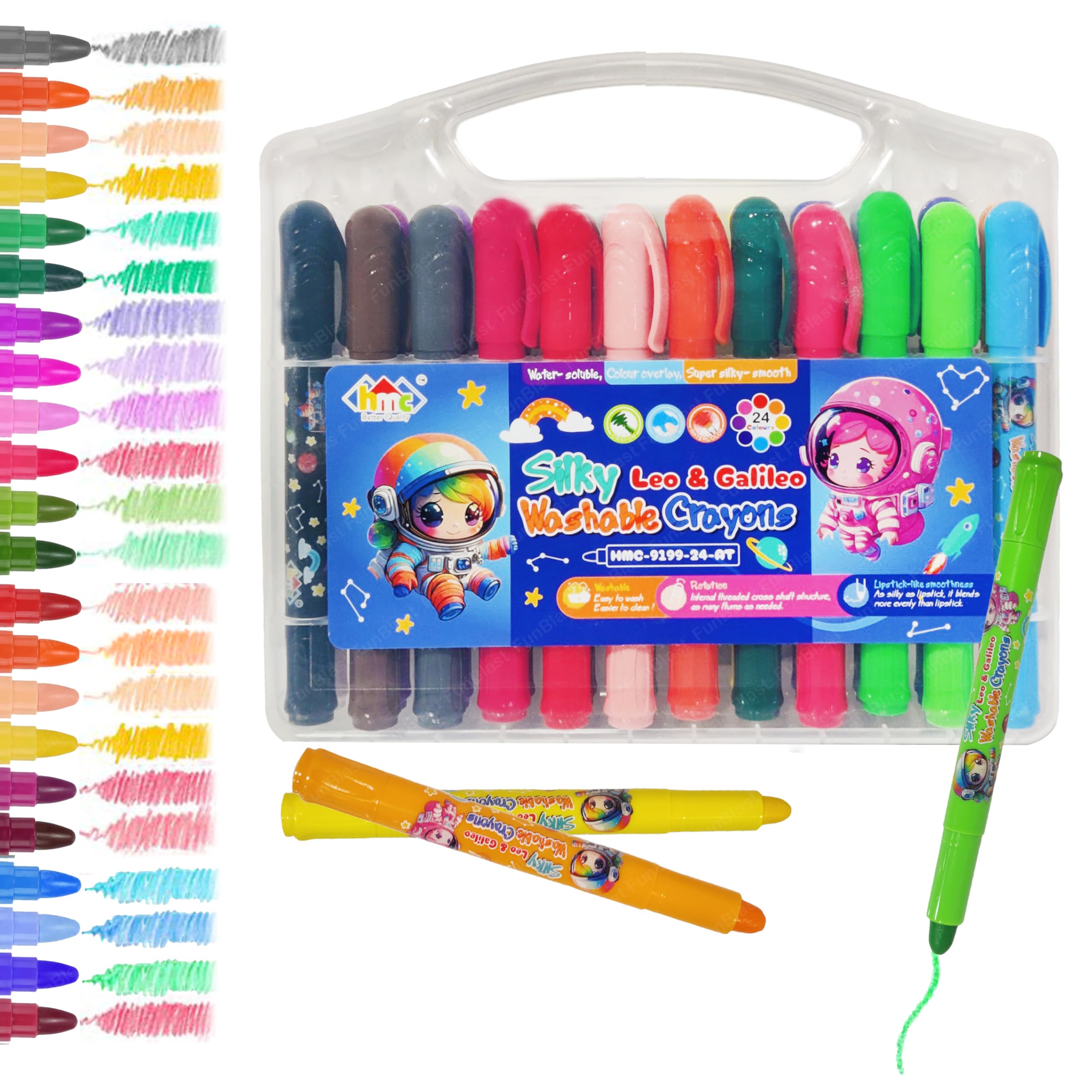 FunBlast Crayons for Kids – Washable Super Silky Smooth Twistable 24 Shades Rolling Crayons in Box, Crayon Colour Set for Kids, Art Drawing Crayon Set for Kids, Drawing and Painting Set (Space)