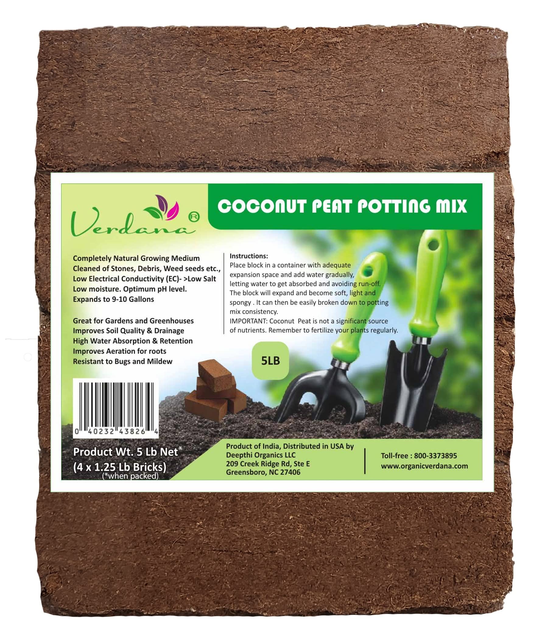 Verdana Coco Coir Brick Potting Mix – 5 Lb Pack - 4X 1.25 Lb Compressed Bricks - Coconut Fiber, Coco Peat - Alternative to Peat Moss – Soilless Growing Medium - Low EC, Optimum pH, High Expansion