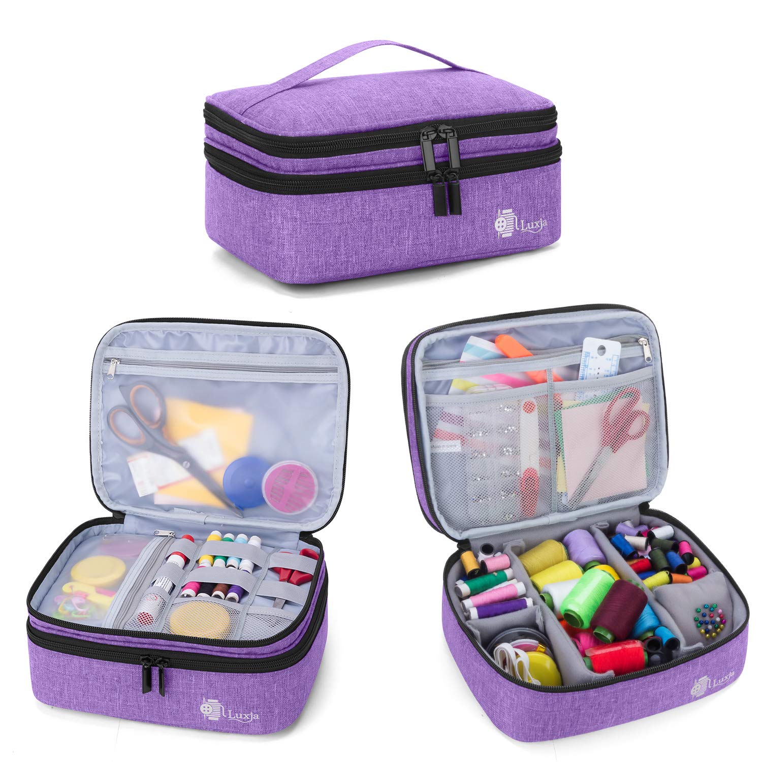 Luxja Double-Layer Sewing Supplies Organiser, Sewing Accessories Organiser for Needles, Thread, Scissors, Measuring Tape and Other Sewing Tools (Bag Only), Medium/Purple