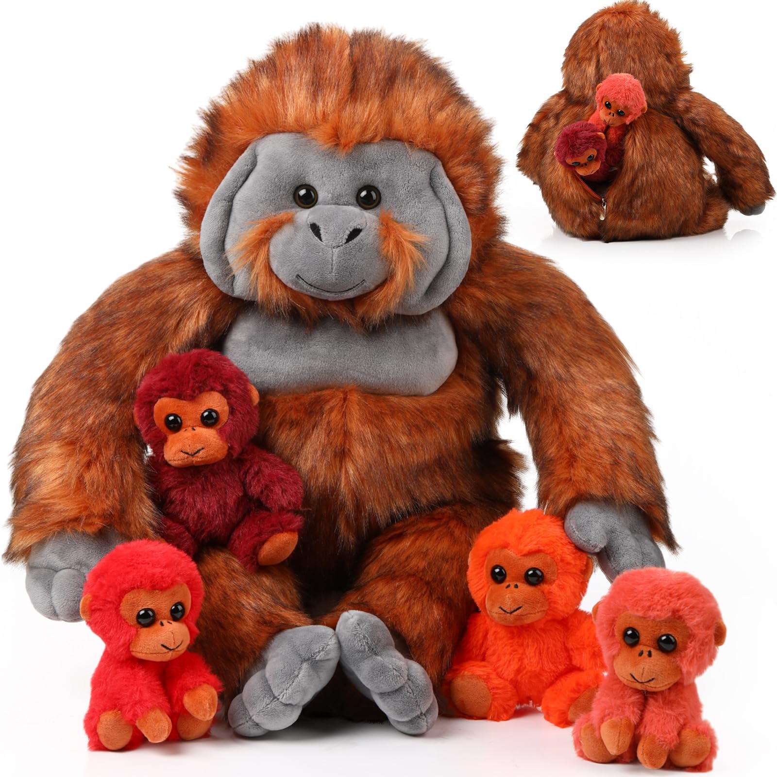 Lenwen 5 Pcs Plush Gorilla Stuffed Animals Set 14 Inch Large Mommy Gorilla with 4 Baby Gorillas Zippered Orangutan Gorilla Plushies for Boys Girls Birthday Gifts Forest Party Decor (Lovely Color)