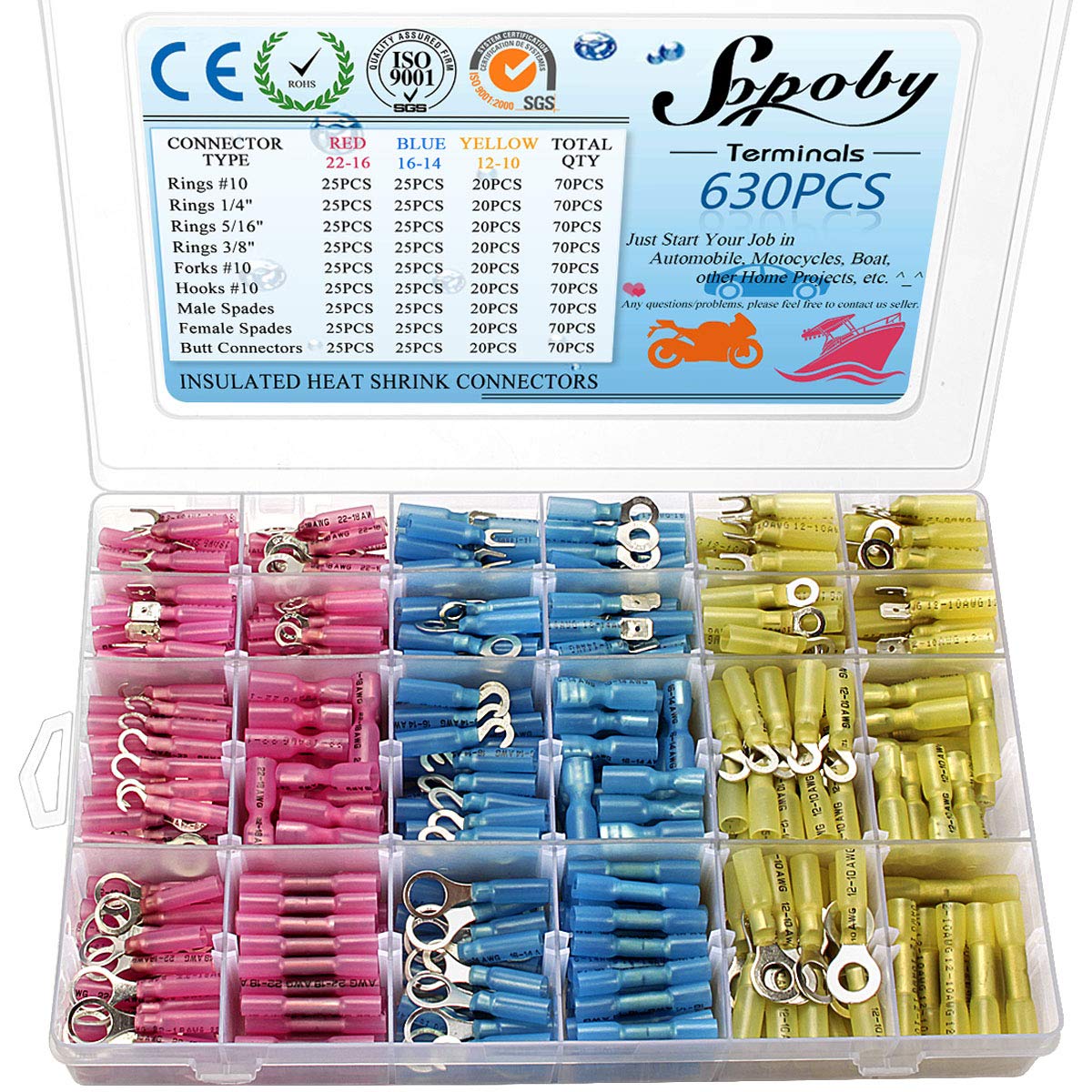 Sopoby 630Pcs Heat Shrink Connectors, Electrical Wire Connectors Crimp Connectors, Insulated Automotive Marine Waterproof Wire Terminal Kit, Ring Fork Hook Spade Butt Splices 630PCS Connector Kit