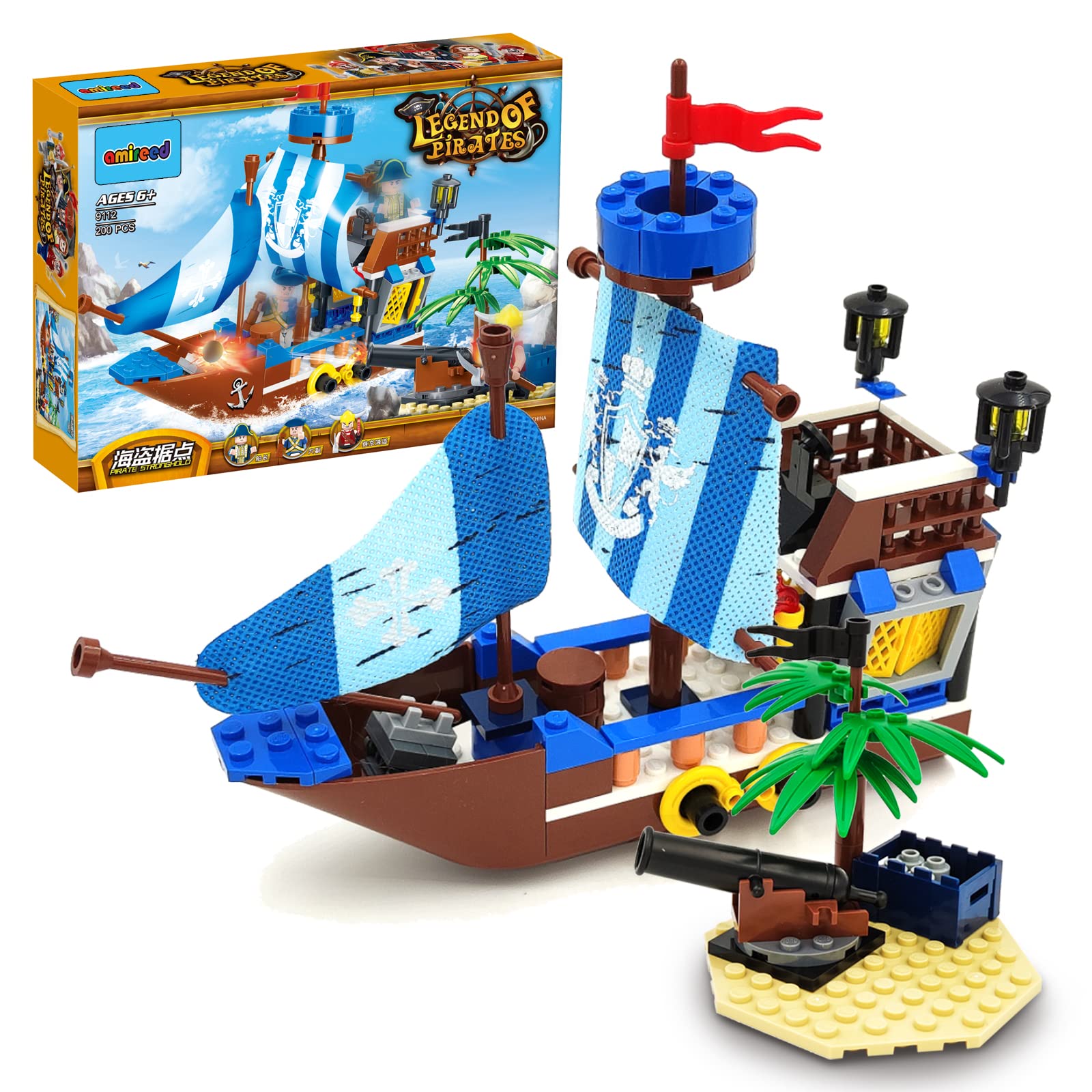 amireed Pirate Ship Toy, Pirate Ship Toys for Boys with 3 Minifigures, Treasure Island Toys, 235pcs Pirate Ship Toys for Kids Ages 6+ Indoor Birthday Party